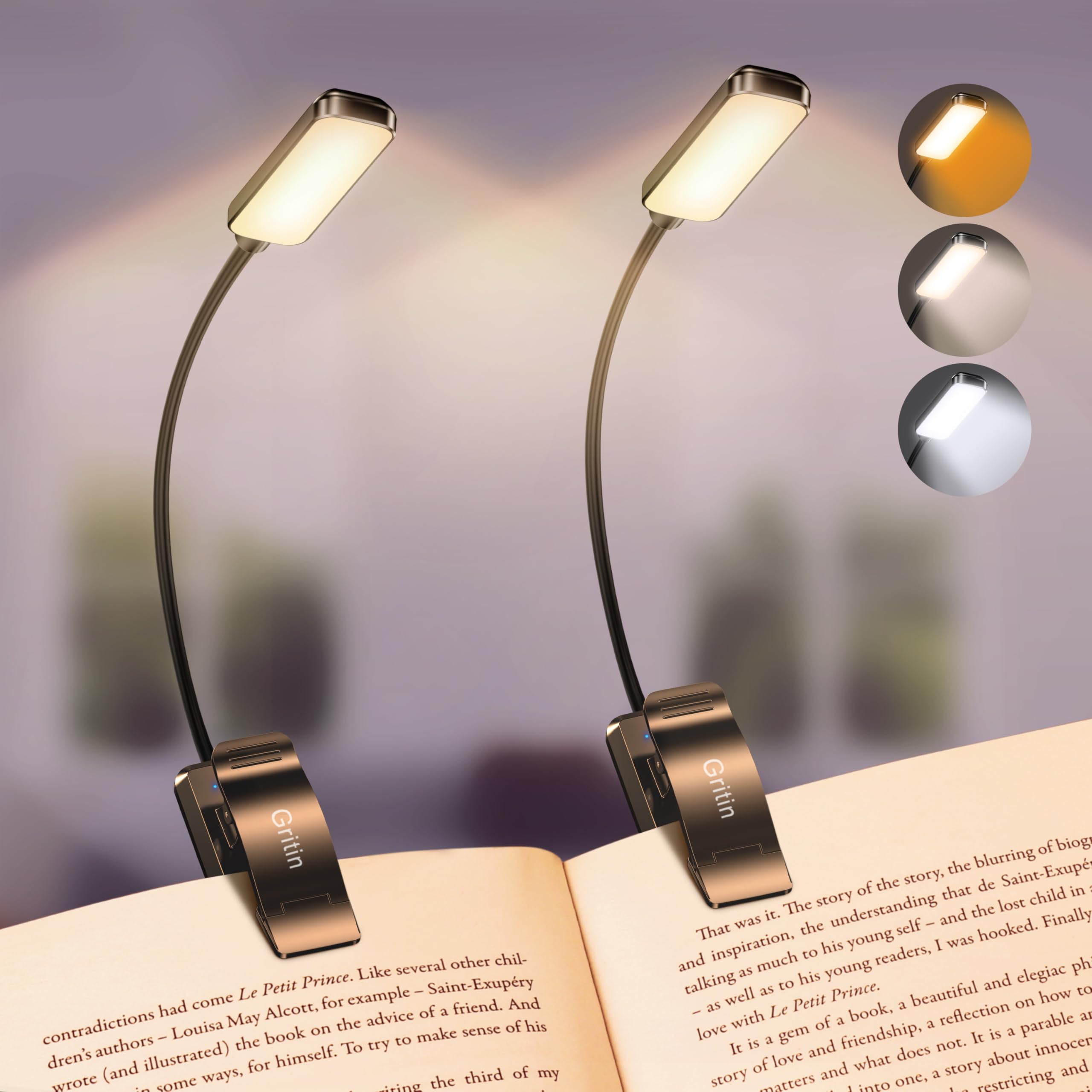 Gritin 2 Pack 9 LED Rechargeable Book Light for Reading in Bed -Eye Caring 3 Color Temperatures, Stepless Dimming Brightness, Sm