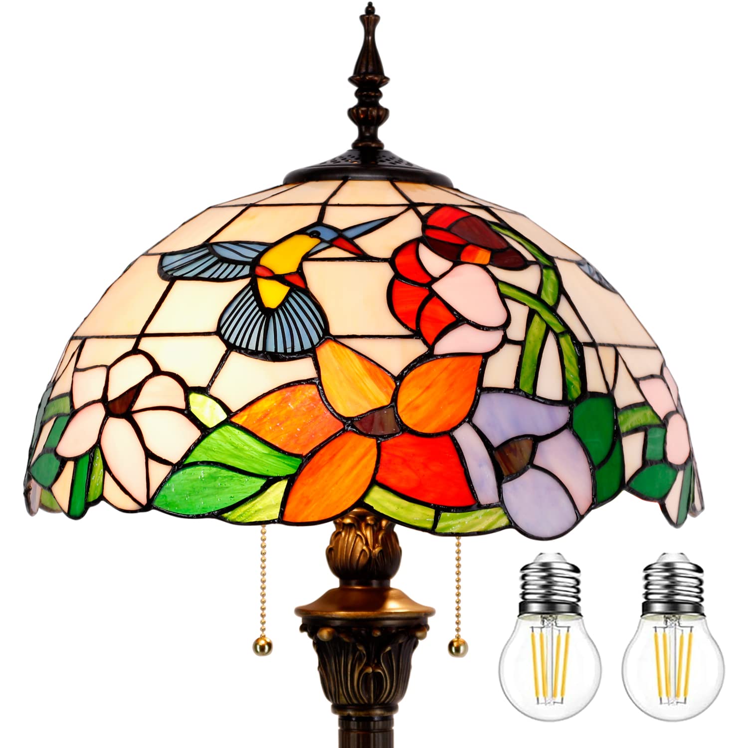 WERFACTORY Tiffany Floor Lamp Hummingbird Amber Stained Glass Standing Reading Light 16X16X64 Inches Antique Pole Corner Lamp De