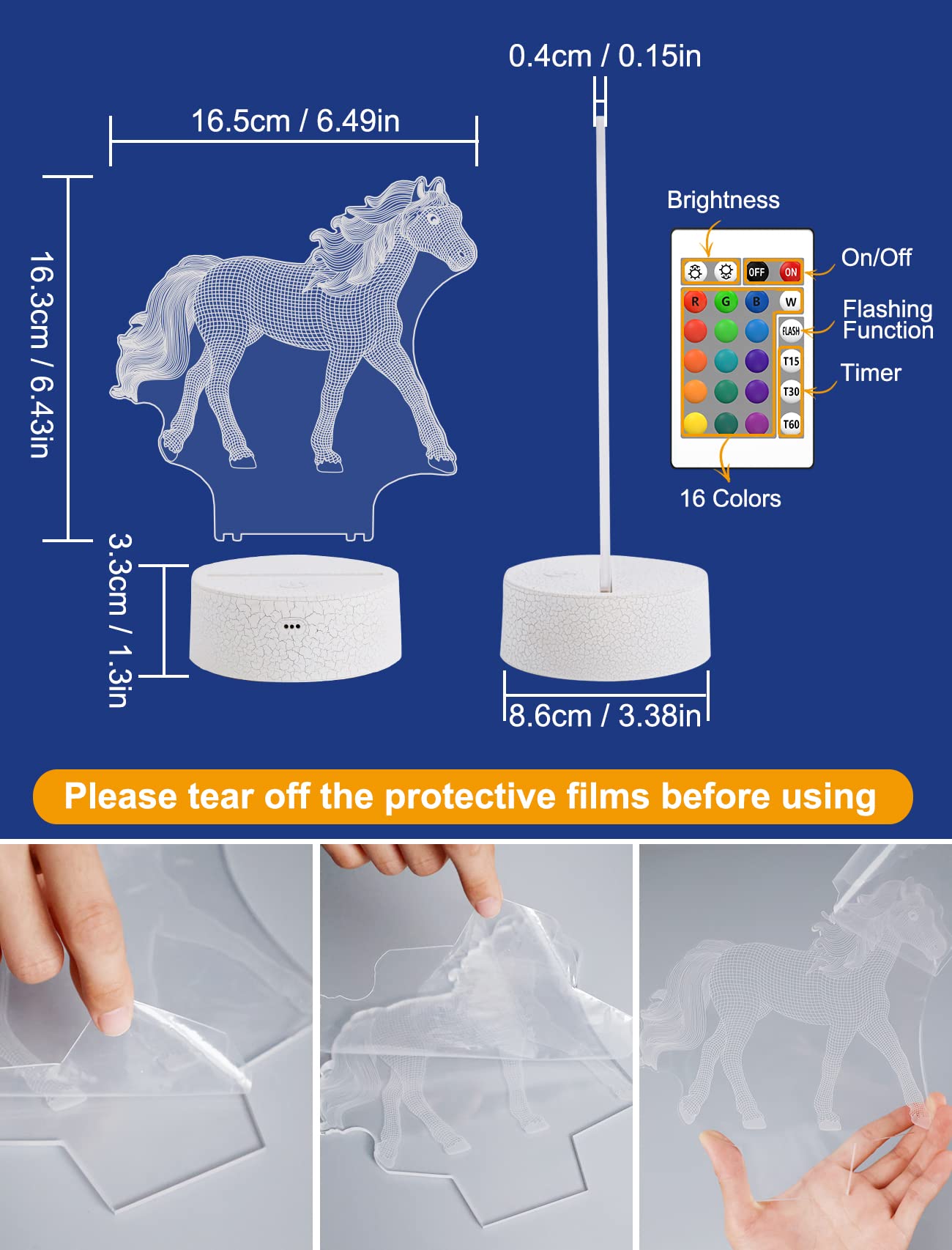 FULLOSUN Horse 3D Night Light, 16 Colors, Remote Control, Acrylic Lamp for Kids, Birthday Gifts for Boys & Girls