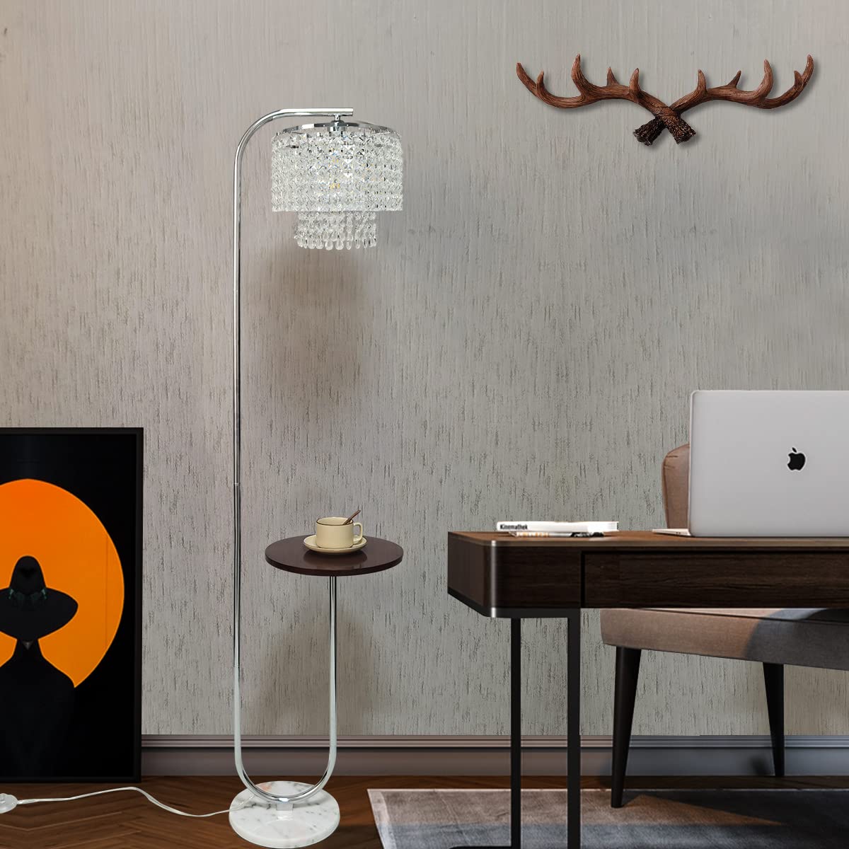 Hsyile Arc Crystal Floor Lamp For Living Room - Marble Base Modern Tall Stand Up Light With Table,Contemporary Over The Couch Ch