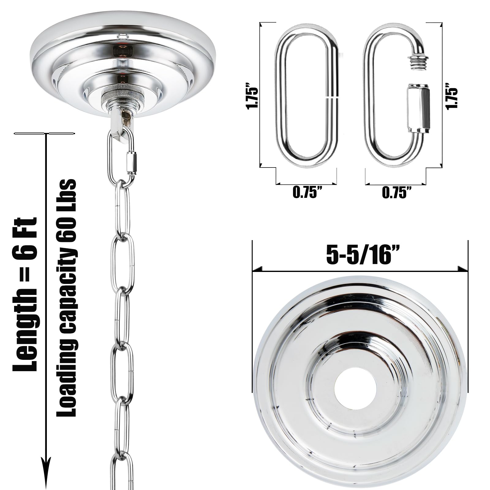 MAYOMAJO Light Canopy Kit with 6ft Chain, 5-5/16 Inch, Alloy Steel, Chrome, Model MY-240105