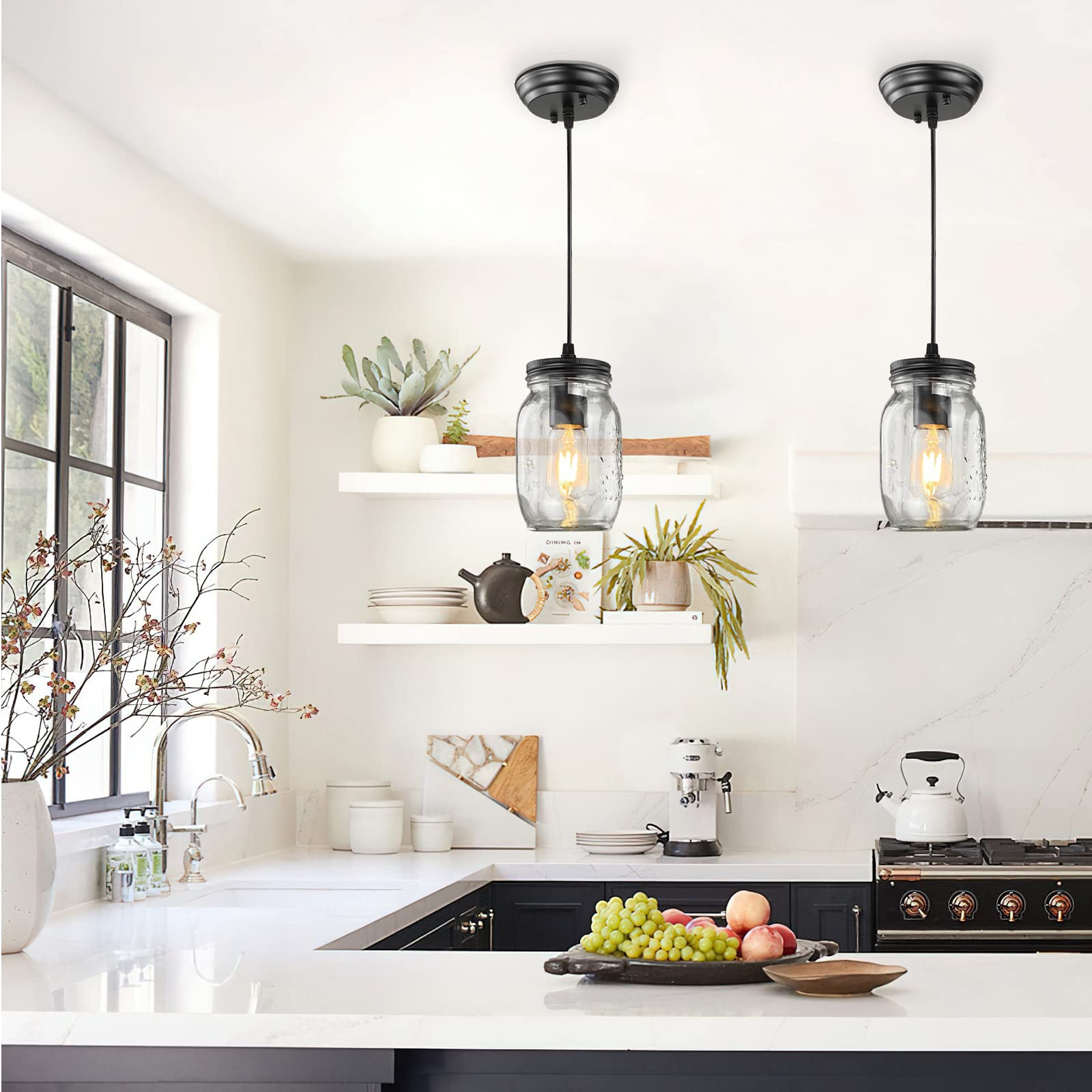 TinHon Mason Jar Pendant Light, 1-Light Black Ceiling Fixture, Adjustable Height, Clear Glass for Kitchen Island, Dining Room