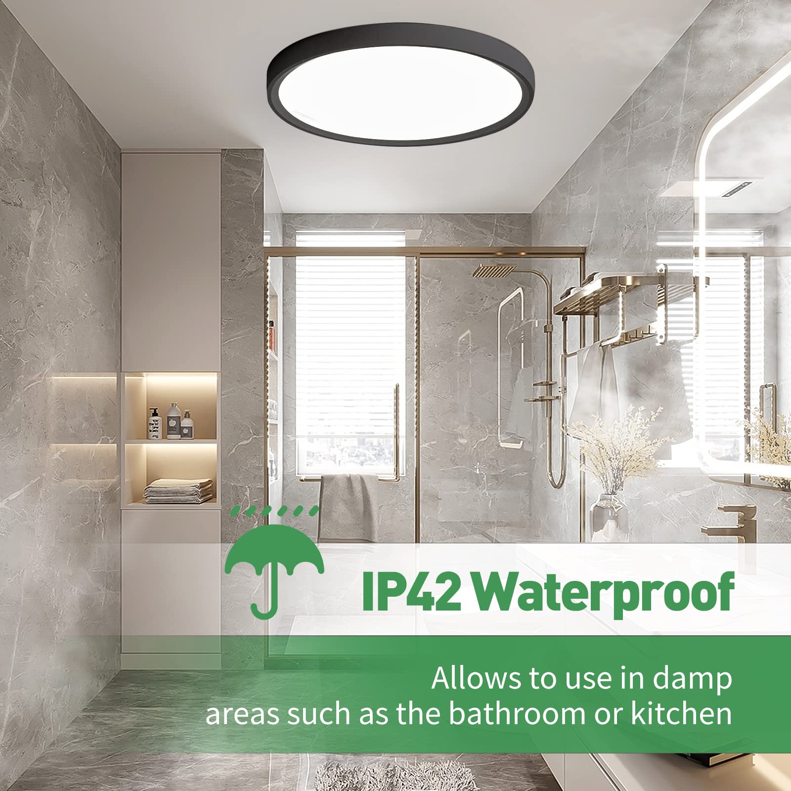 12 Inch Led Flush Mount Ceiling Light 6Pk, 24W, 2520Lm, 3000K/4000K/6000K Cct Selectable, Round Flat Panel Light Low Profile Ceiling Light Fitures For Hallway, Kitchen, Bedroom, Laundry Room, Black