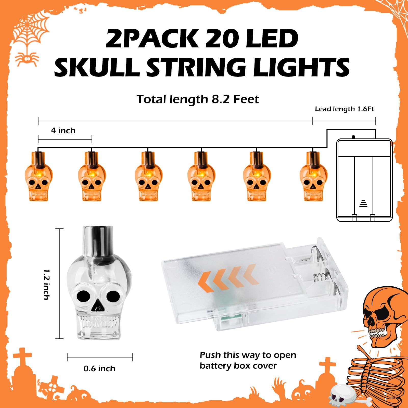 Recesky 2Pack 20 Led Orange Skull String Lights With Timer - Total 13Ft Battery Powered Halloween String Light - Spooky Lighting