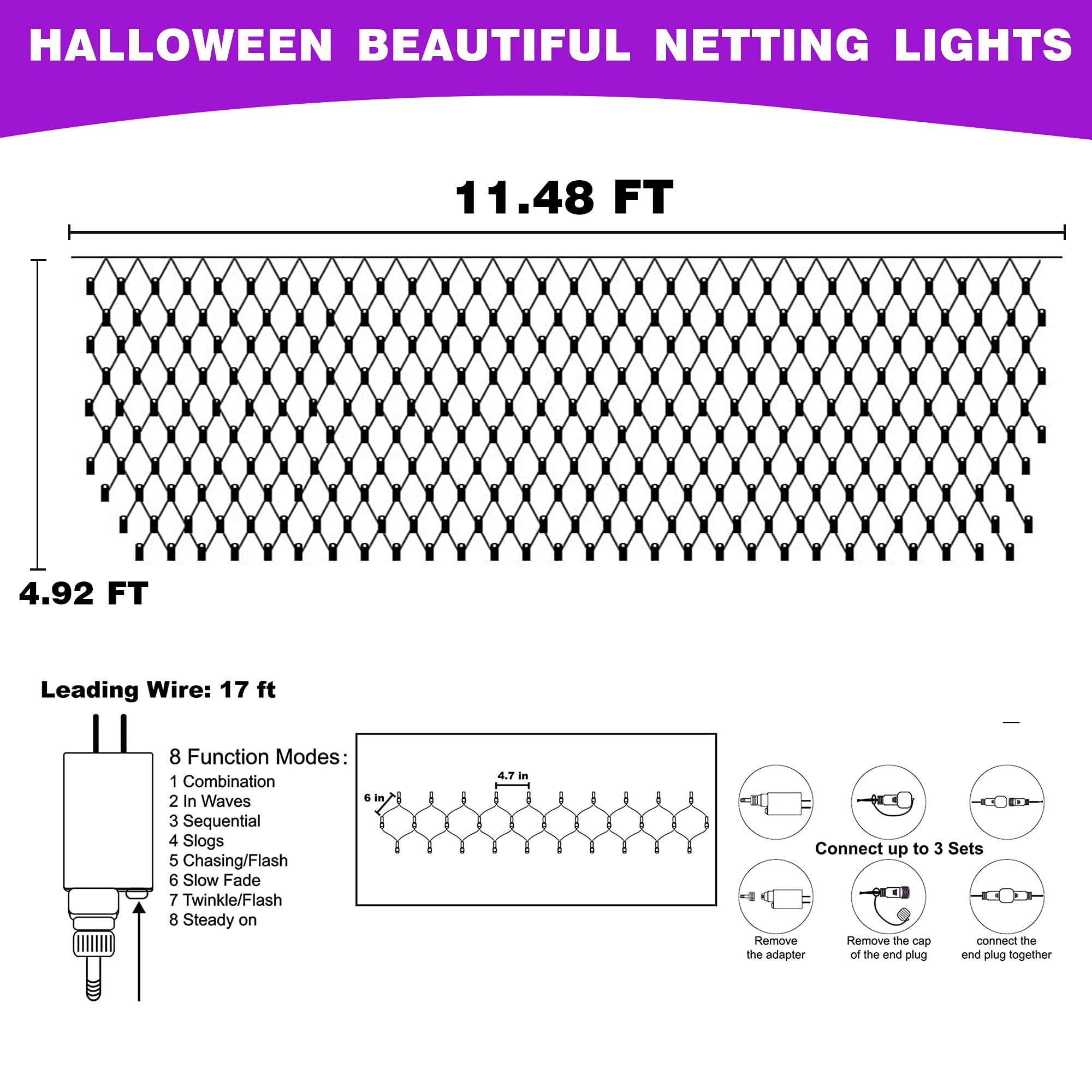 Dazzle Bright 360 LED Net Lights, Waterproof 12FT x 5FT, 8 Modes, Purple & Orange, Model HB-360WCOI, Clear Wire