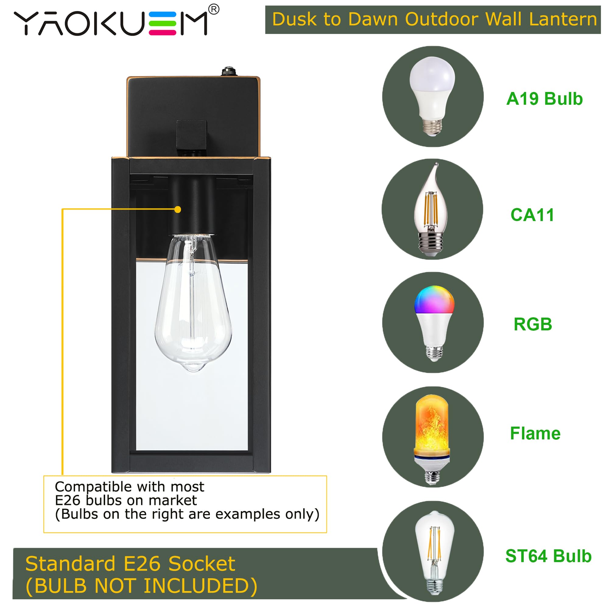 Yaokuem Dusk To Dawn Outdoor Wall Lantern  Photocell Sensor Wall Sconce As Porch Lighting Fixture  E26 Medium Base  Metal Housing Plus Glass  Bulbs Not Included  Oil Rubbed Bronze Finish  2-Pack