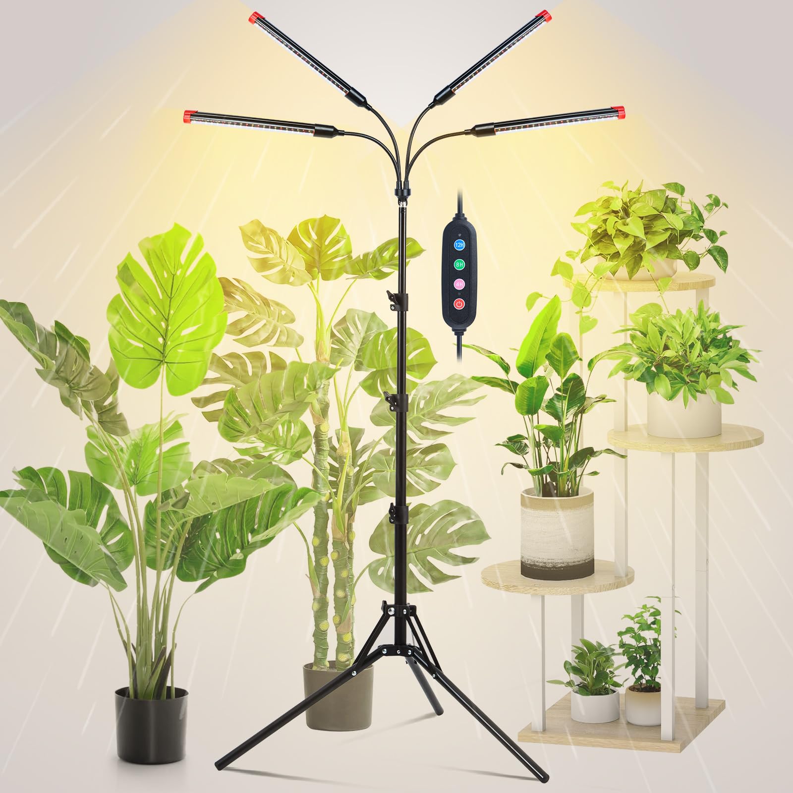 GroCruiser 4-Head Tripod Stand Grow Lights, 36W LED, Black, Aluminum, Model ZH_GL_RH, Ideal for Tall House Plants and Seed Starting