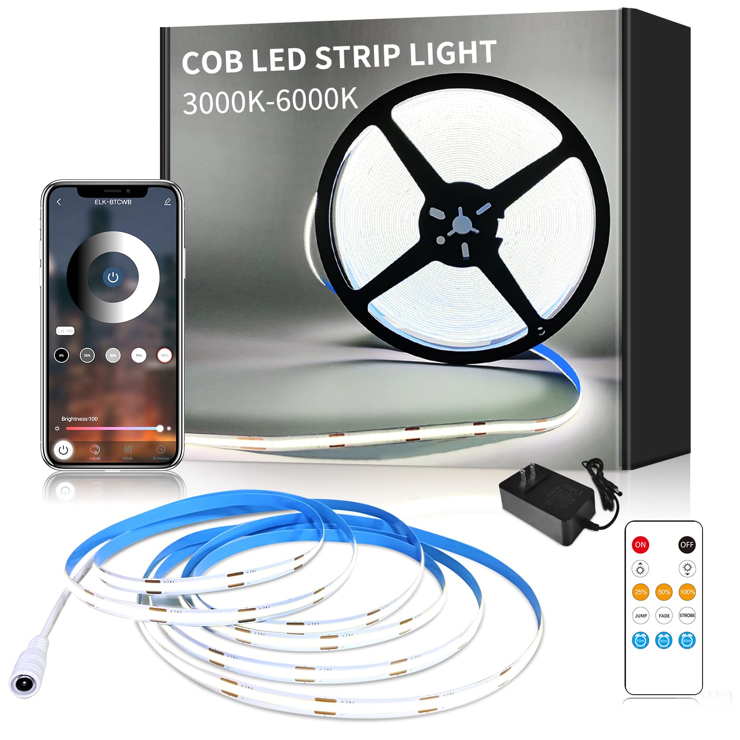 Yeewhale 16.4Ft Cob Led Strip Lights 6000K White Dimmable Dc 24V Flexible Led Tape Light For Bedroom, With Remote And App Control Led Light Strip,For Diy Home Decoration
