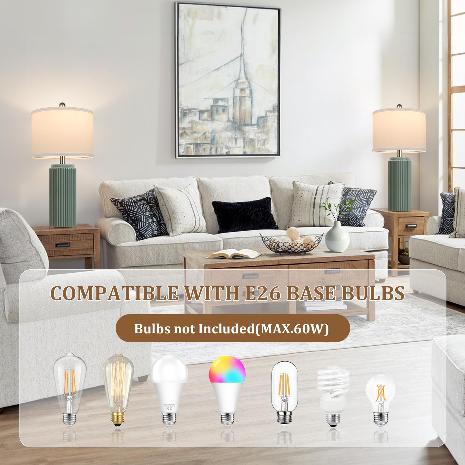 Tobusa 23.5 Modern Green Ceramic Table Lamps Set Of 2 For Living Room, Farmhouse Ceramic Bedside Nightstand Lamps For Bedroom, V