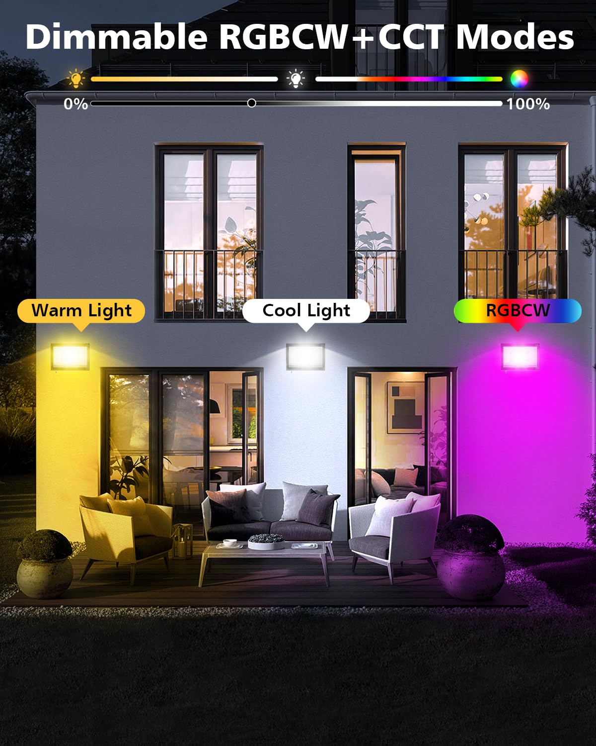 T-SUN 60W RGBCW LED Flood Light, Dimmable Outdoor Smart Light, Waterproof, Remote & APP Control, Model TS-F42