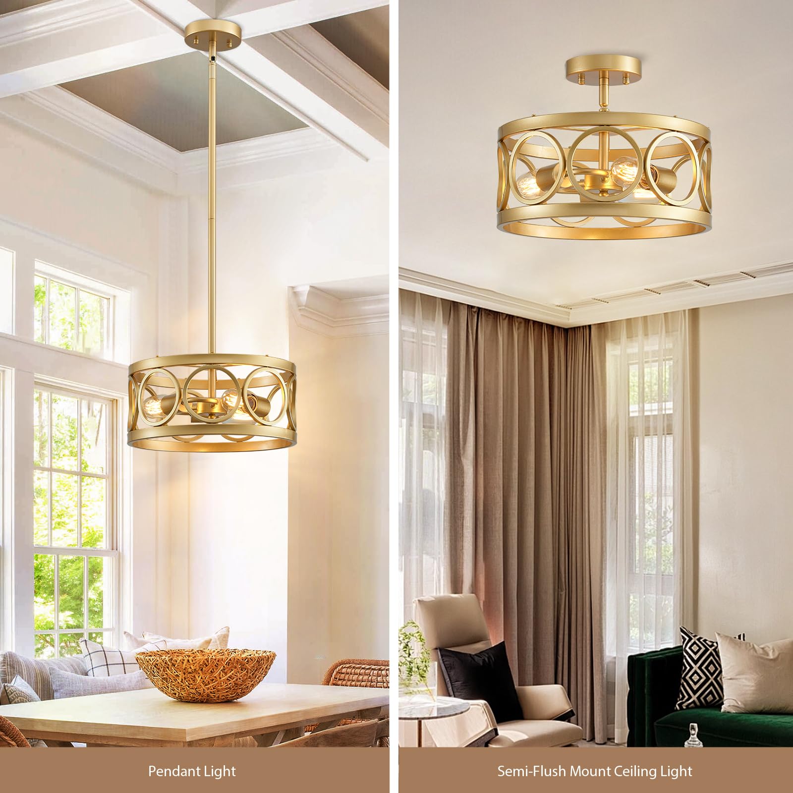 peskoe Gold Ceiling Light 3-Light Drum Pendant Fixture 13inL x 13inW x 6.1inH Farmhouse Chandelier