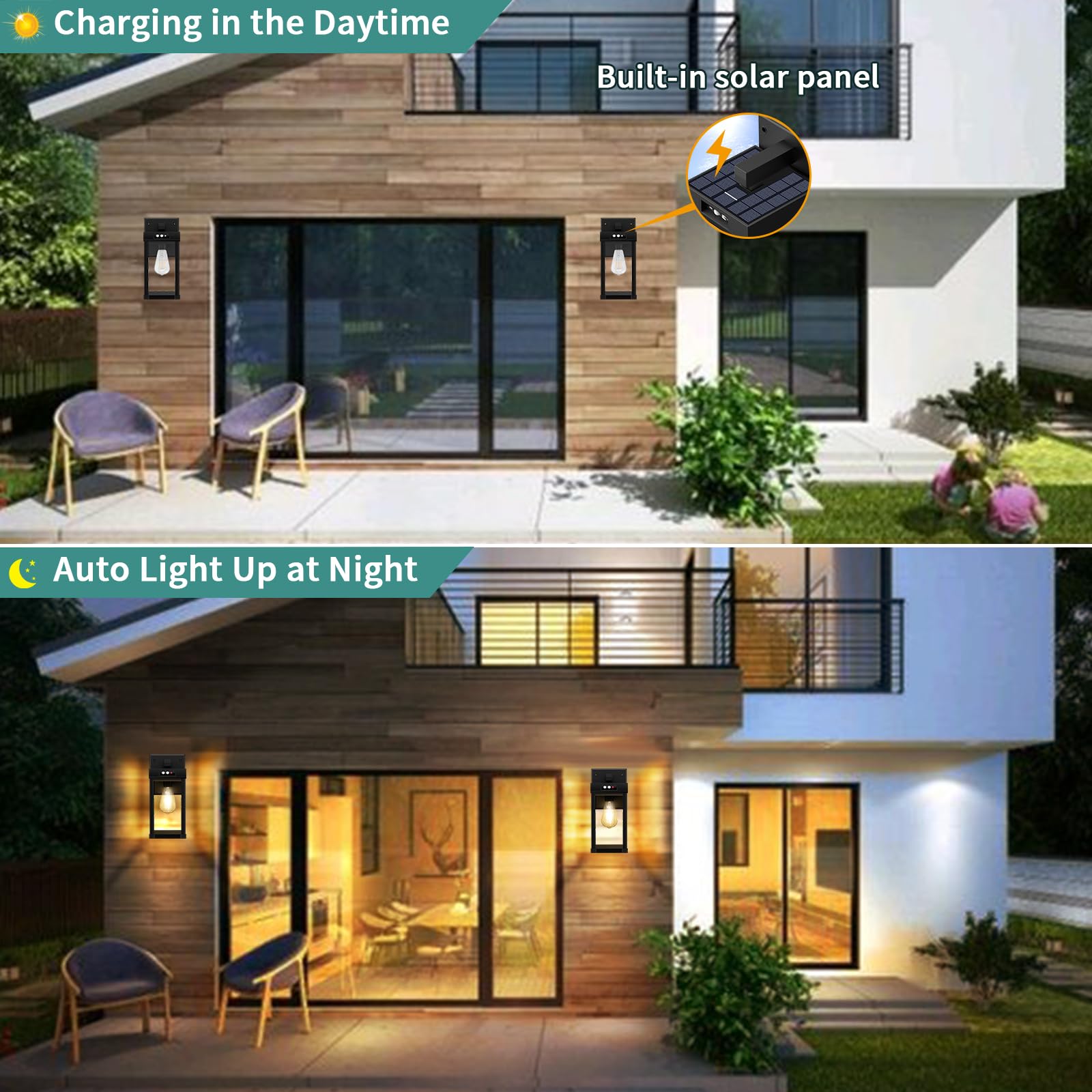 AEQ Solar Wall Sconce, 3 Modes & Motion Sensor, Waterproof Outdoor Light, Black, Model AE02, 5.8 x 5.8 x 13.58 in