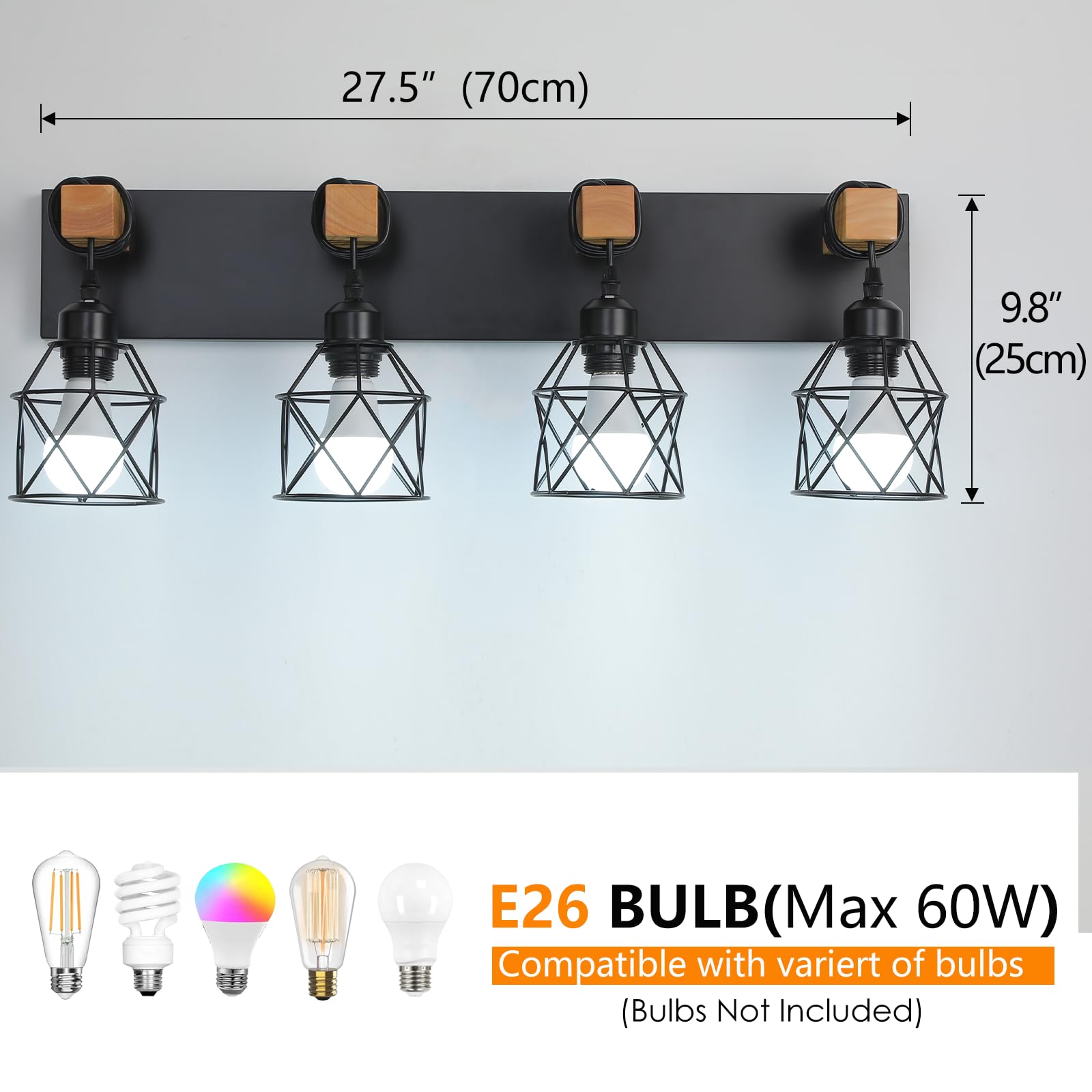Farmhouse Vanity Light Fixture 4-Light Bathroom Lighting Black Industrial Wood Wall Light Over Mirror With Metal Shade Led Bulbs Not Included