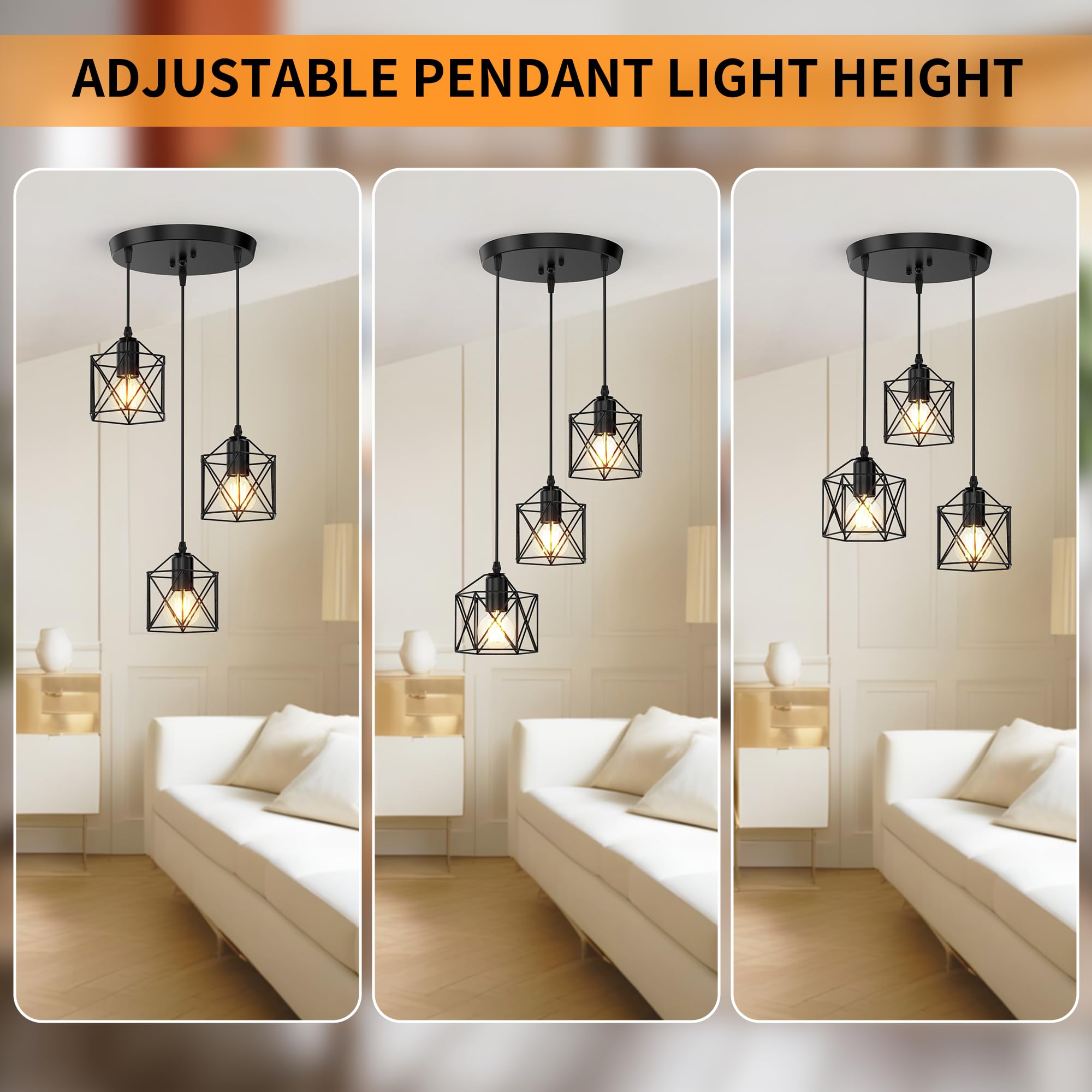 Phaosio 3-Light Pendant Lighting, Adjustable Matte Black Metal Fixture for Kitchen Island & Dining Room, Model Posi06