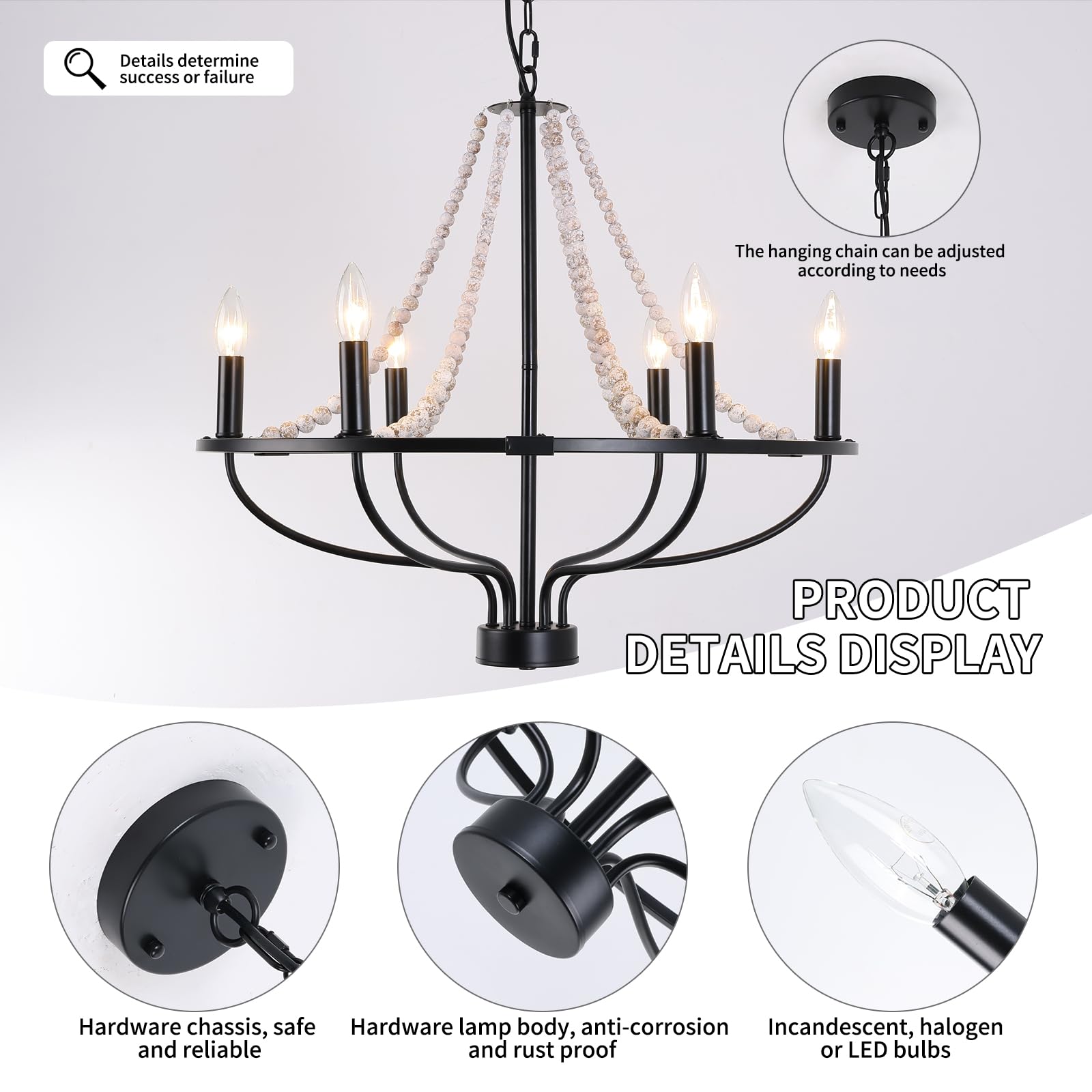 Ganeed Black Wagon Wheel Chandelier, 6-Light Vintage Chandeliers With Wood Beaded, Round Farmhouse Adjustable Height Hanging Pen