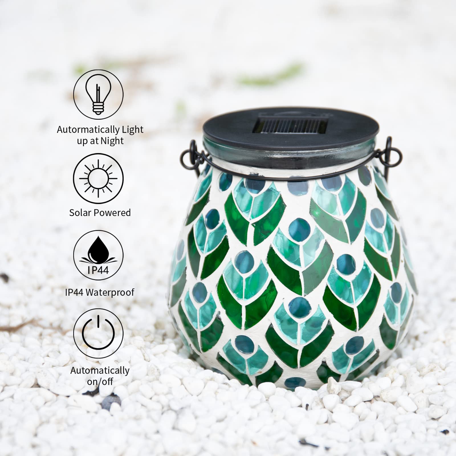 Afirst Mosaic Solar Lantern - Glass Hanging Waterproof Table Lamp for Garden, Patio, Holiday; Peacock Color, Model 4431880