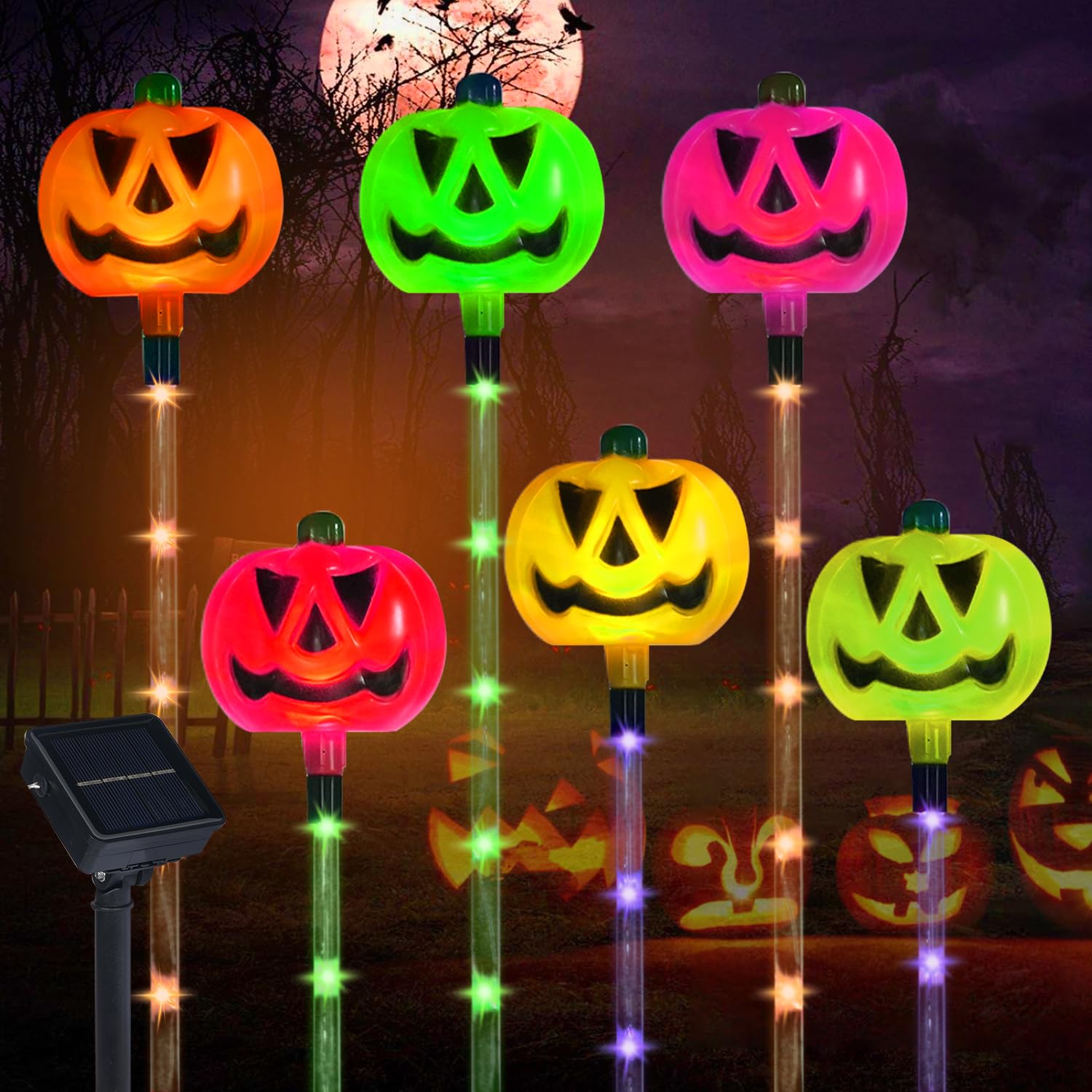 Aovciust 6-Pack Solar Pumpkin Stake Lights For Halloween Decorations Outdoor,Multi-Color For Halloween Decorations Outside Yard