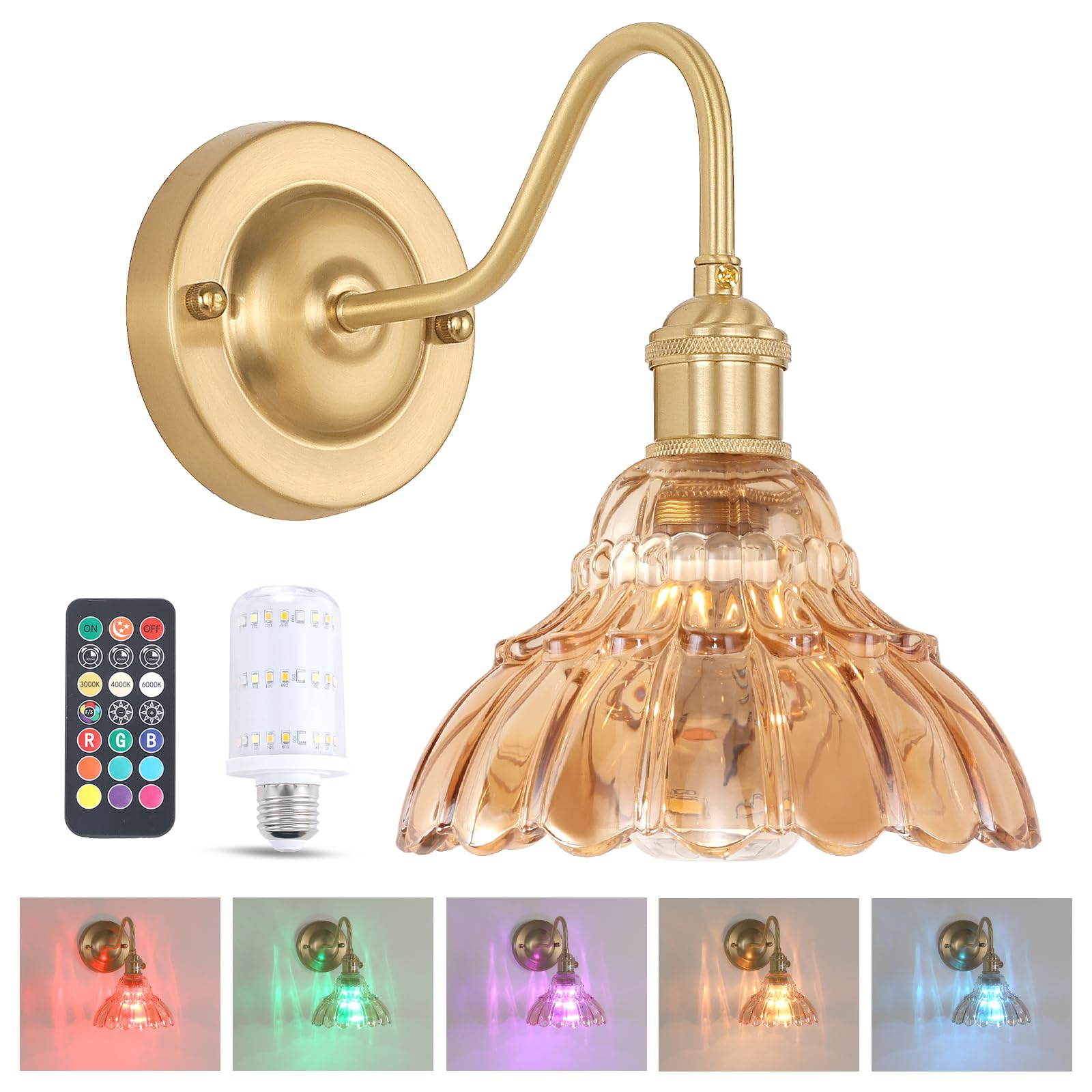 Shenmoyl Battery Operated Wall Sconce  Vintage Rechargeable Wall Lights with Amber Lily Glass Shade  Wireless Indoor Wall Lamp with Remote for Bedroom Living Room Bathroom Hallway