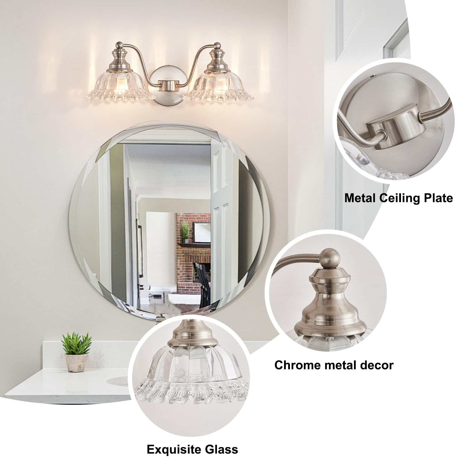 Xiedun Brushed Nickel 2 Light Vanity Lights Fixture Lights For Bathroom