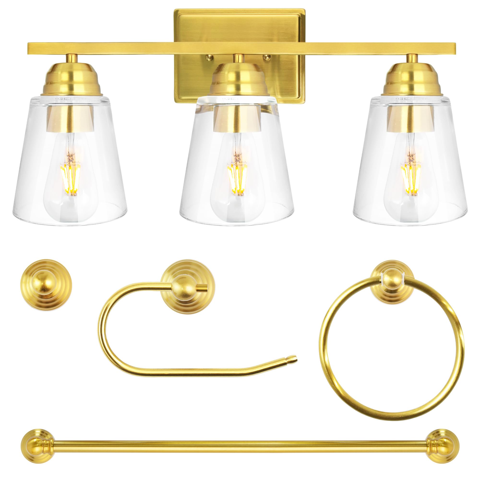 hykolity 3-Light Vanity Light Fixture, 5-Piece All-in-One Bathroom Set with Towel Bar, Ring, Robe Hook & Toilet Paper Holder for