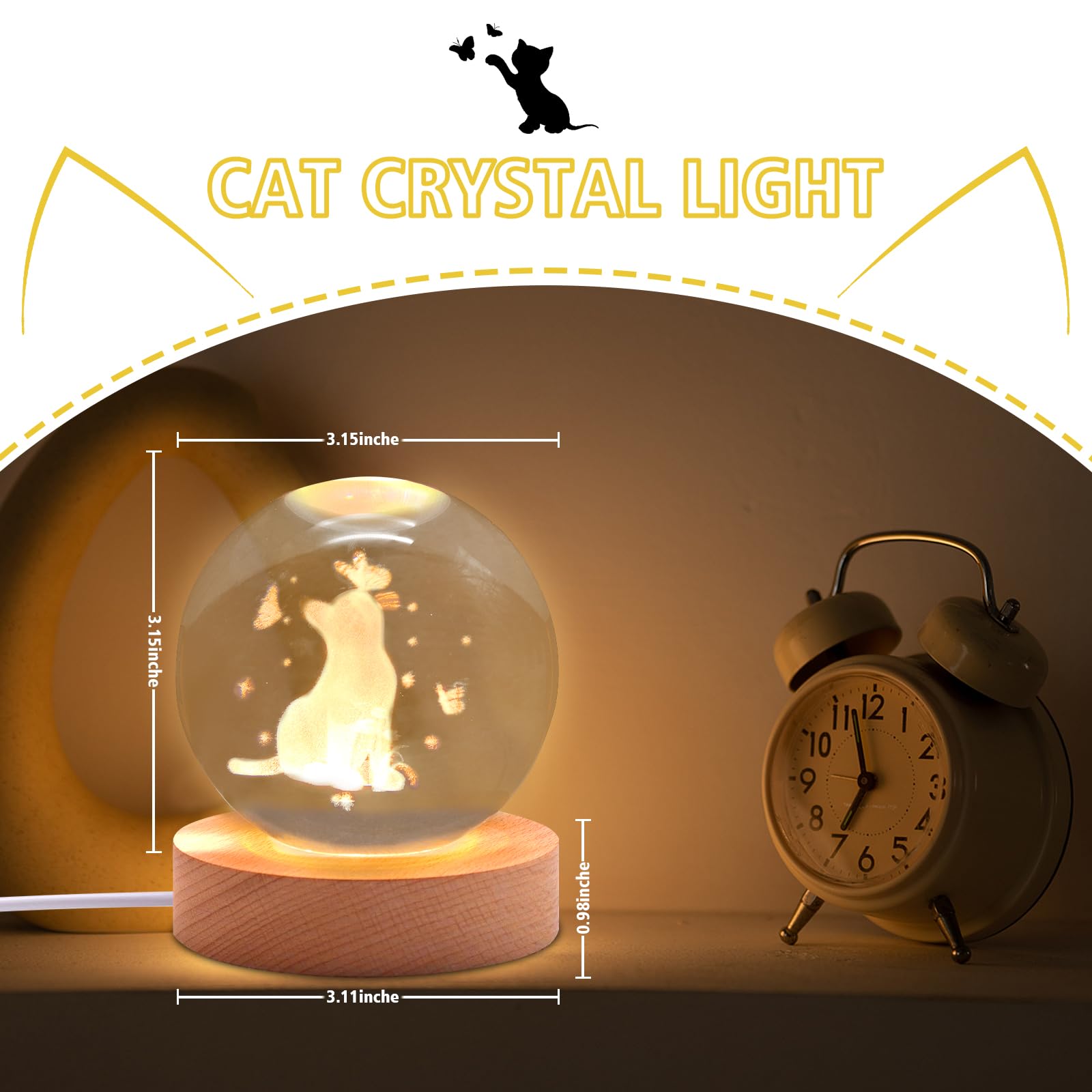 Miramar 3D Cat Figurine Crystal Ball Lamp, Cat Light Lamp With Wooden Base, Cat Gifts For Cat Lovers, Cat Stuff For Cat Lovers,