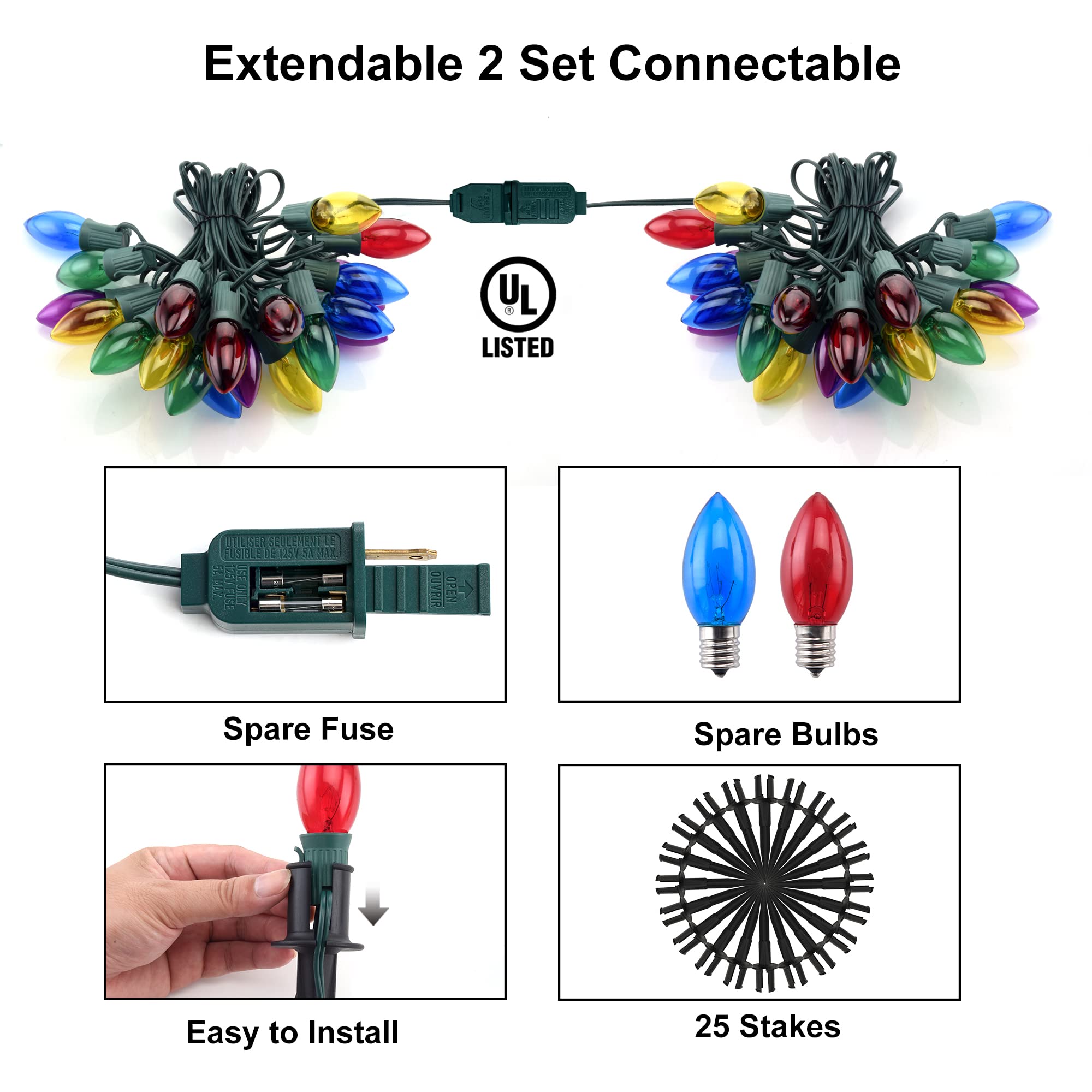 TIORIY C9 Christmas Pathway Lights, 29ft Multicolor Outdoor Decorations, 25 Packs with Stakes, Model BW-C9-A1-7-25