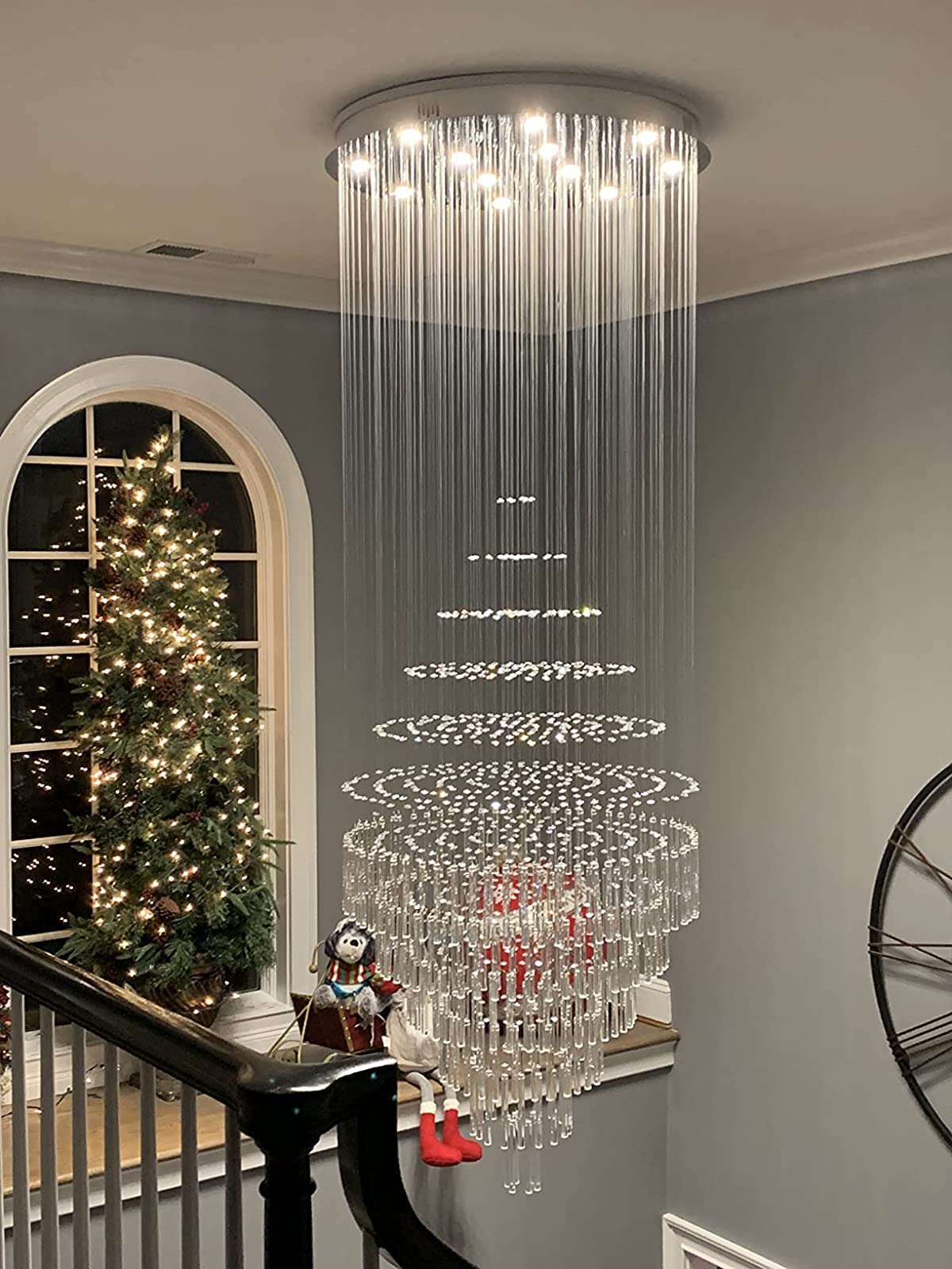 CRYSTOP Luxury 12-Lights Round Crystal Chandelier, High Ceiling Flush Mount, D31.5" x H86.7", Silver Finish for Hallway and Entryway