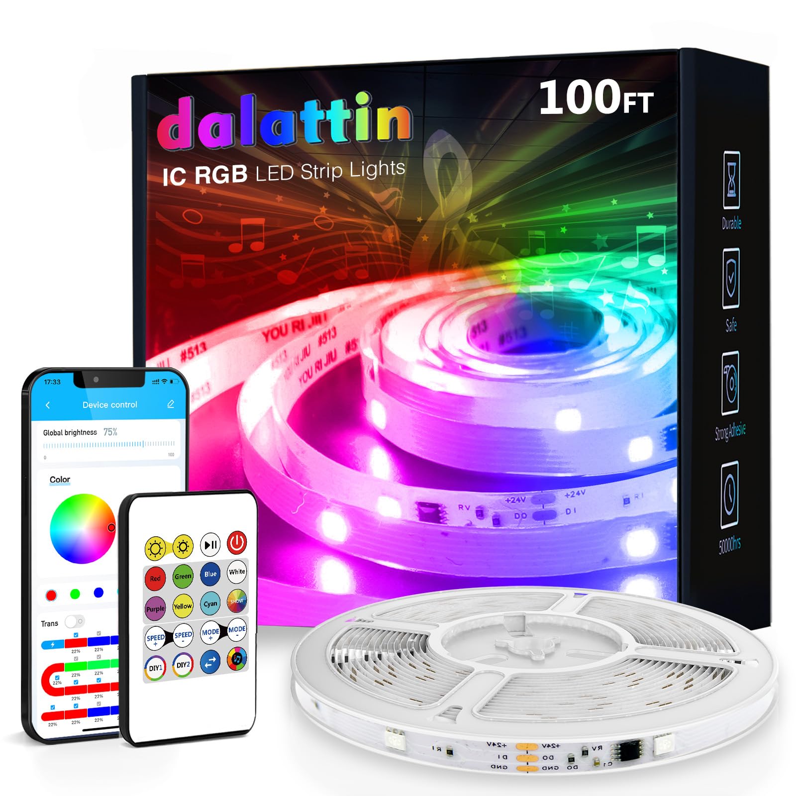 dalattin BGRIC Led Lights for Bedroom  100ft 5050 LED Band with DIY Multiple Colors  Work with Alexa&Google Assistant  Remote & App Control  Color Changing  Music Sync for Chrismas Holiday Decor