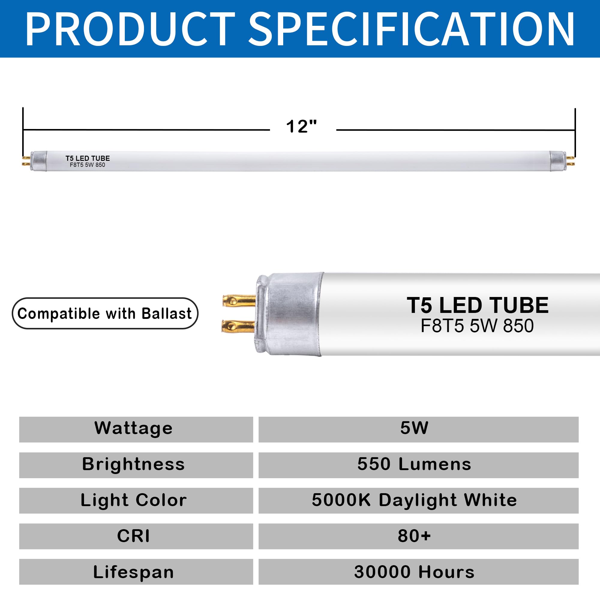 Wesome Lighting T5 LED Replacement Bulbs, 12 Inch, 5000K Daylight White, 5 Watts, 4 Pack, Ideal for Counter and Cabinet Fixtures