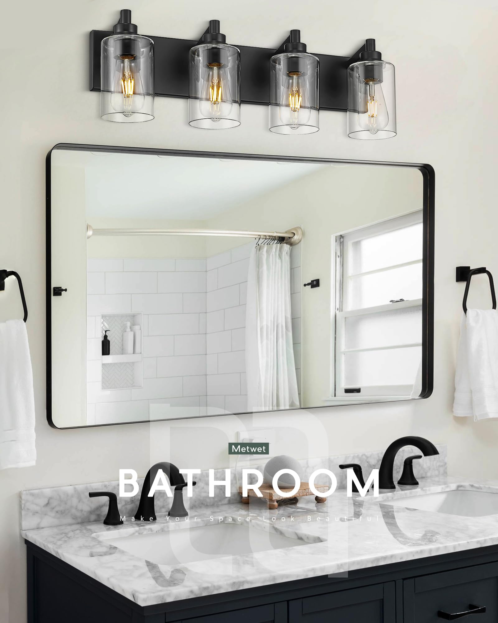 Metwet 4-Light Bathroom Light Fixtures, Black Vanity Light With Cylinder Clear Glass Shade, Modern Vanity Lighting Fixtures Over Mirror, Vl143-Mb-4