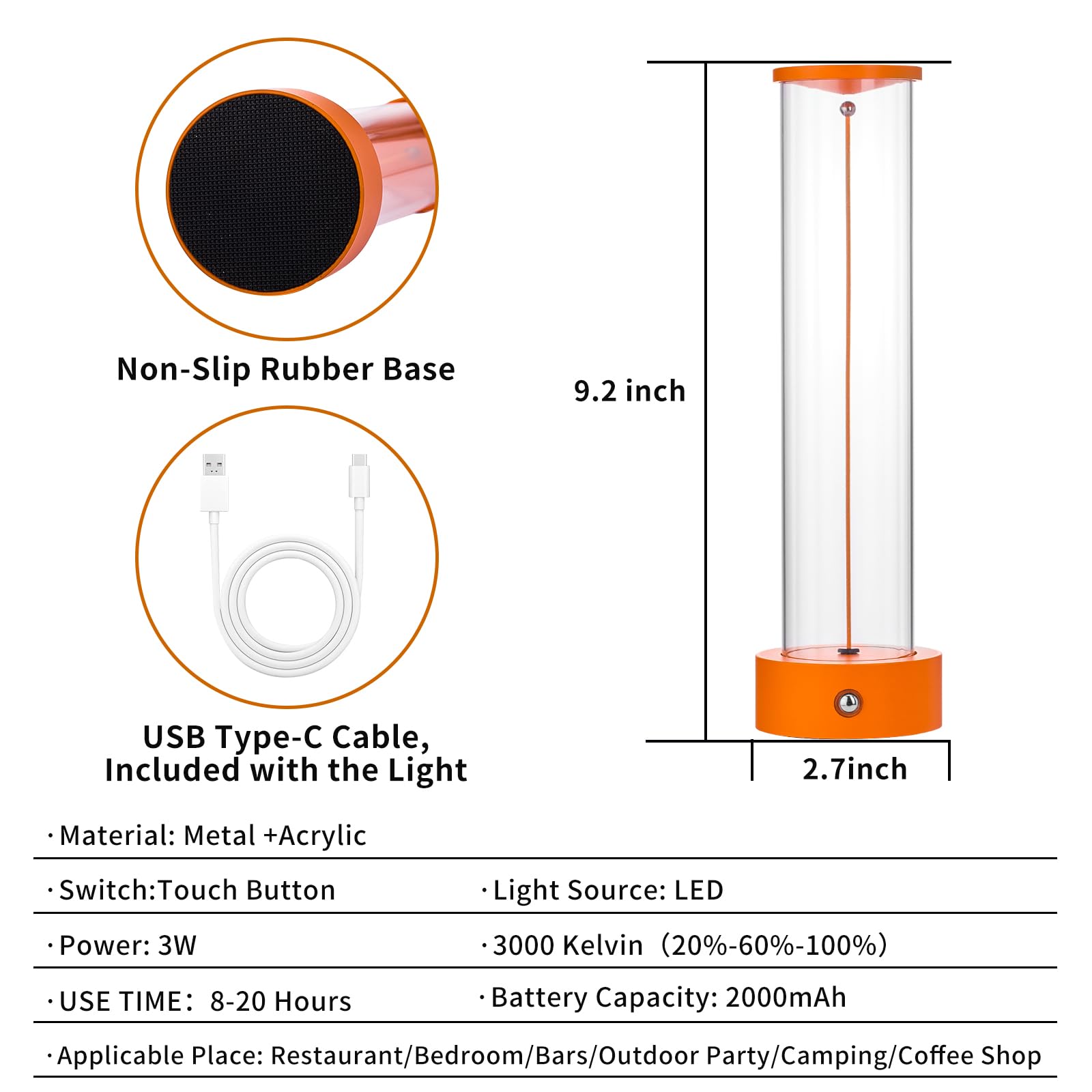 baishezhuan Cordless LED Table Lamp, Rechargeable, Touch Sensor, Dimmable, Model C-002, Orange