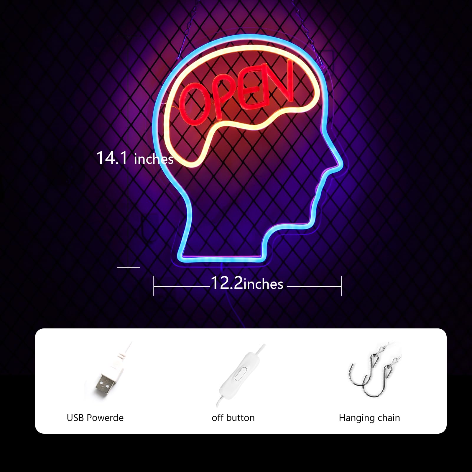 JFLLamp Neon Wall Decor Light - Open Mind Brain Design, 14.1in x 12.2in, Plastic, Blue+Warm White+Red, Model OPEN-001