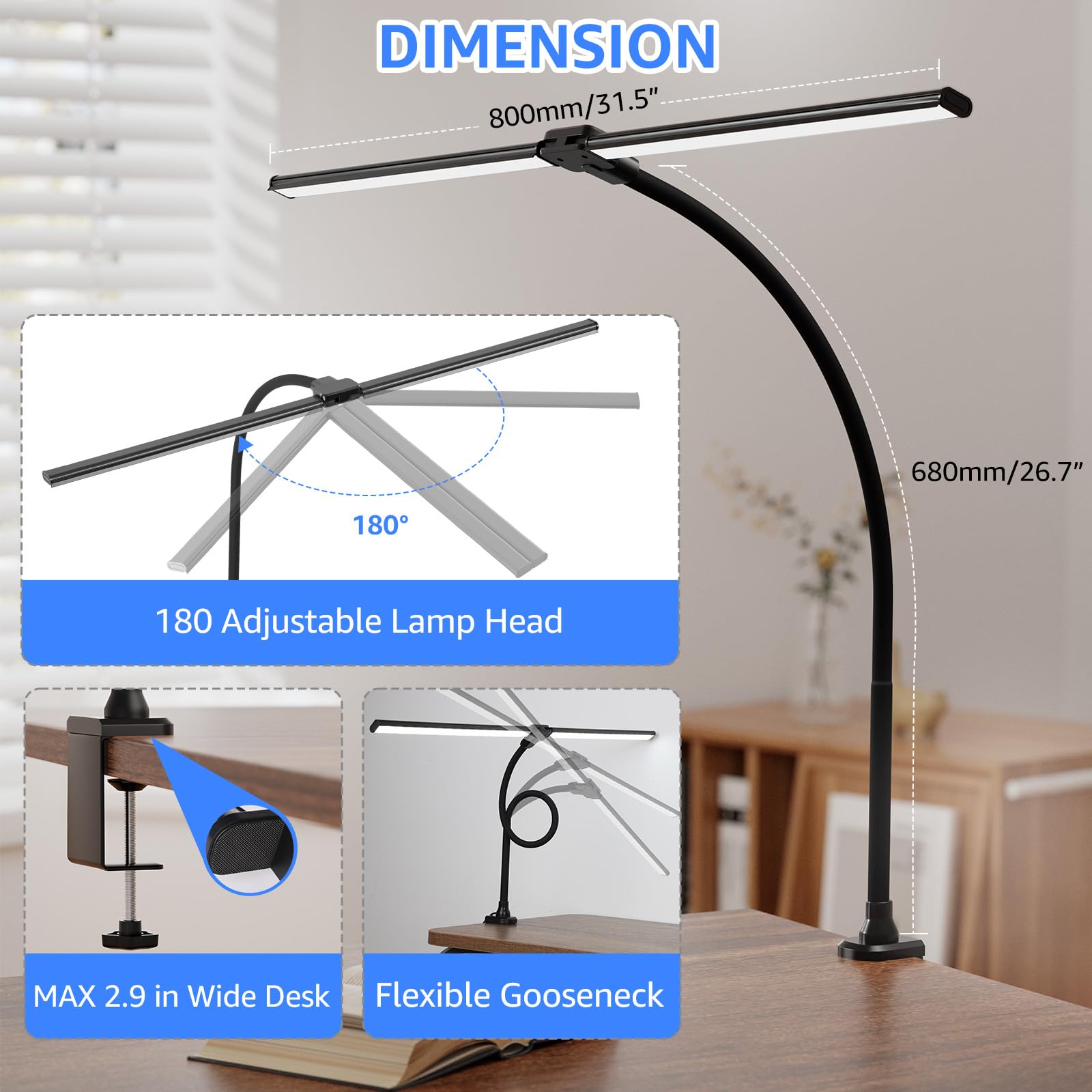 Shinetech Led Desk Lamp For Home Office, 5000K Bright Double Head Architect Task Lamps With Clamp, Dimmable Adjustable Flexible