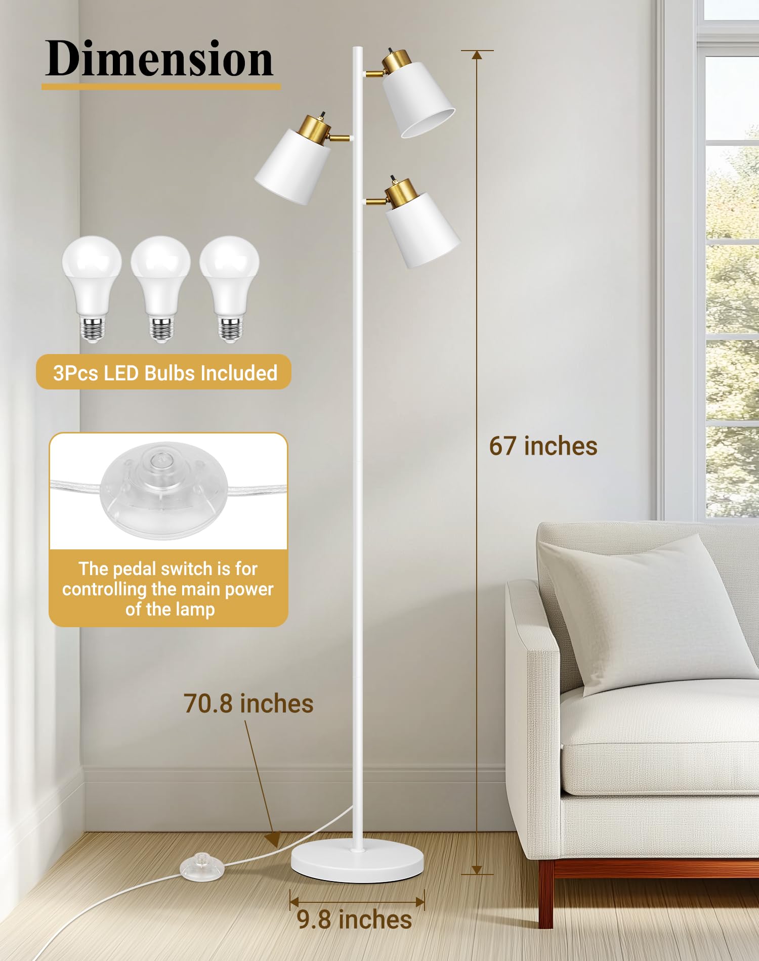 QiMH Modern Floor Lamp, 67" Industrial Metal Design, 3 Rotatable LED Heads, White & Gold, Model STR-FL-0174 for Living Room & Office