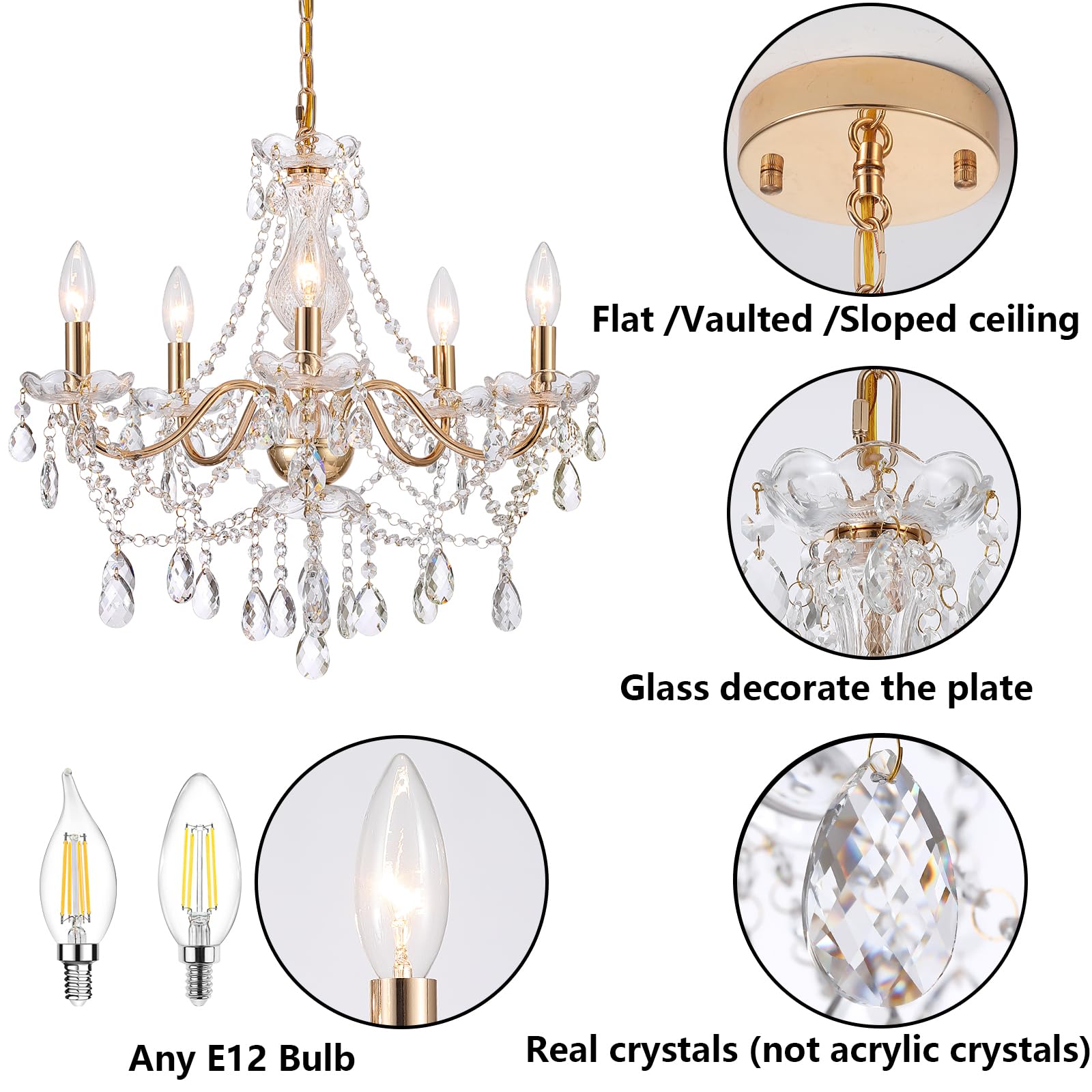 Amzasa Crystal Gold Chandelier  Glass Crystal Hanging Pendant Lighting  5 Light French Country Gold Crystals Chandelier For Ceiling Medallions Wedding Dining Kitchen  Foyer Dia 20   Golden