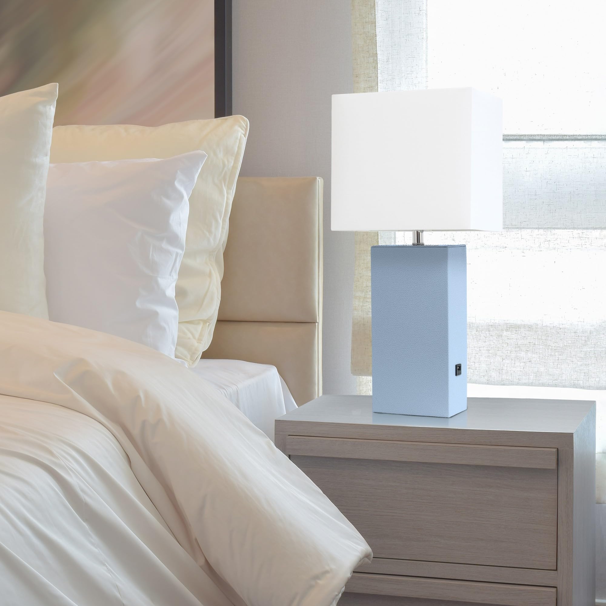 Elegant Designs Lt1053-Pwk Modern Leather Usb And White Fabric Shade Table Lamp, Periwinkle (Pack Of 1)