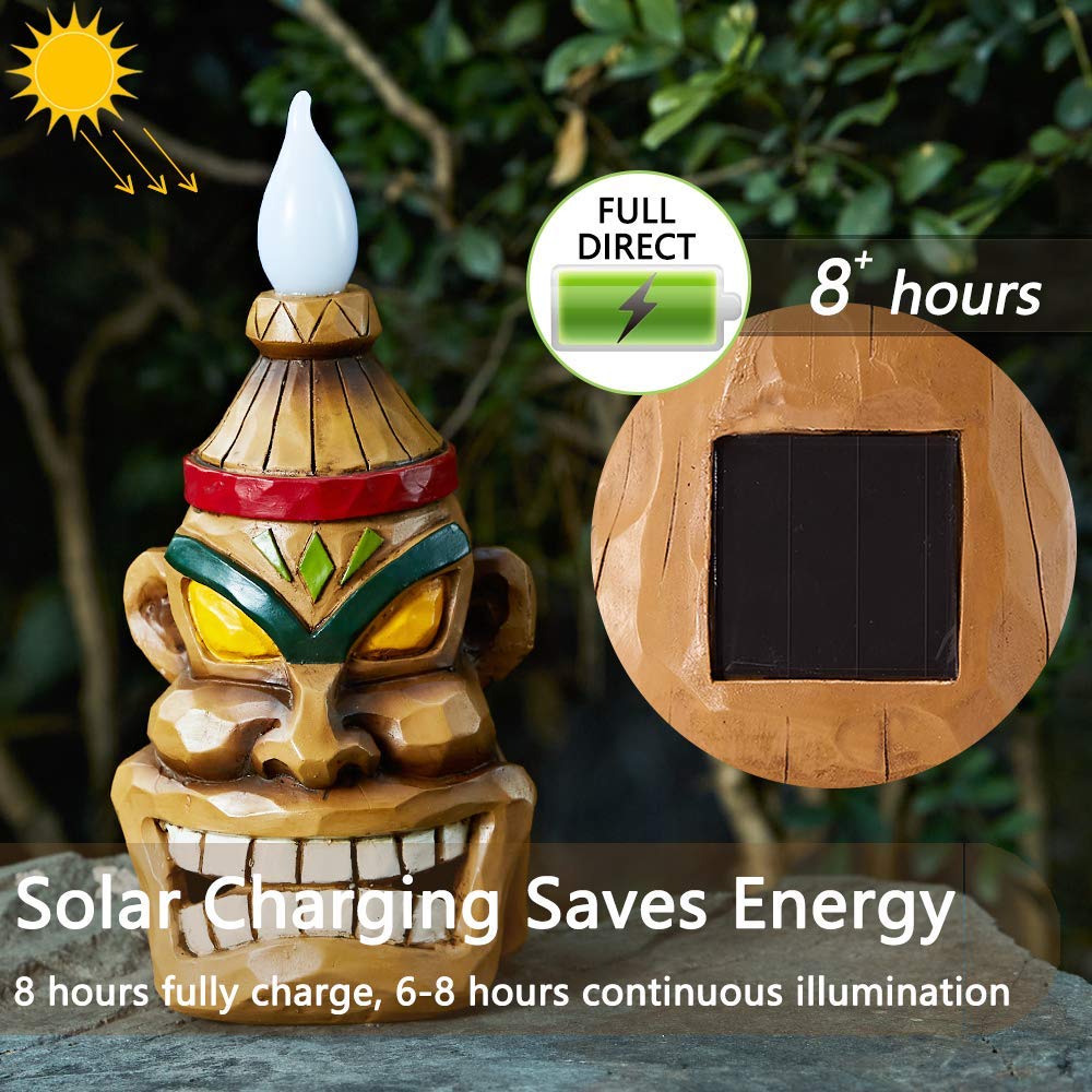 Yiosax Outdoor Solar Tiki Statue Decor - 8.74 Inch Torch Tiki Head for Garden, Patio, Yard - Model CA79440