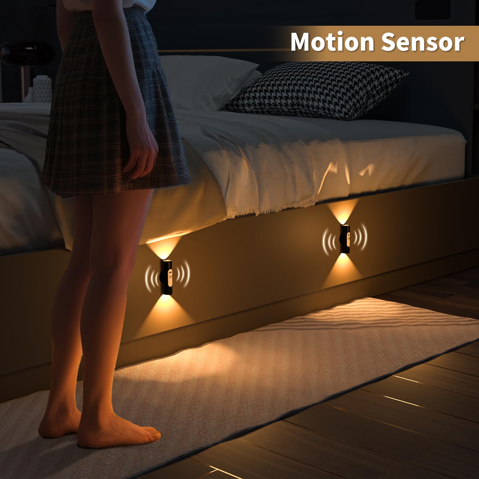 WOBSION Motion Sensor Wall Light, Rechargeable, Brightness Adjustable, 3 Color Modes, f1.18*4.37in, Black, Model CL-K67-B, 2 Pack