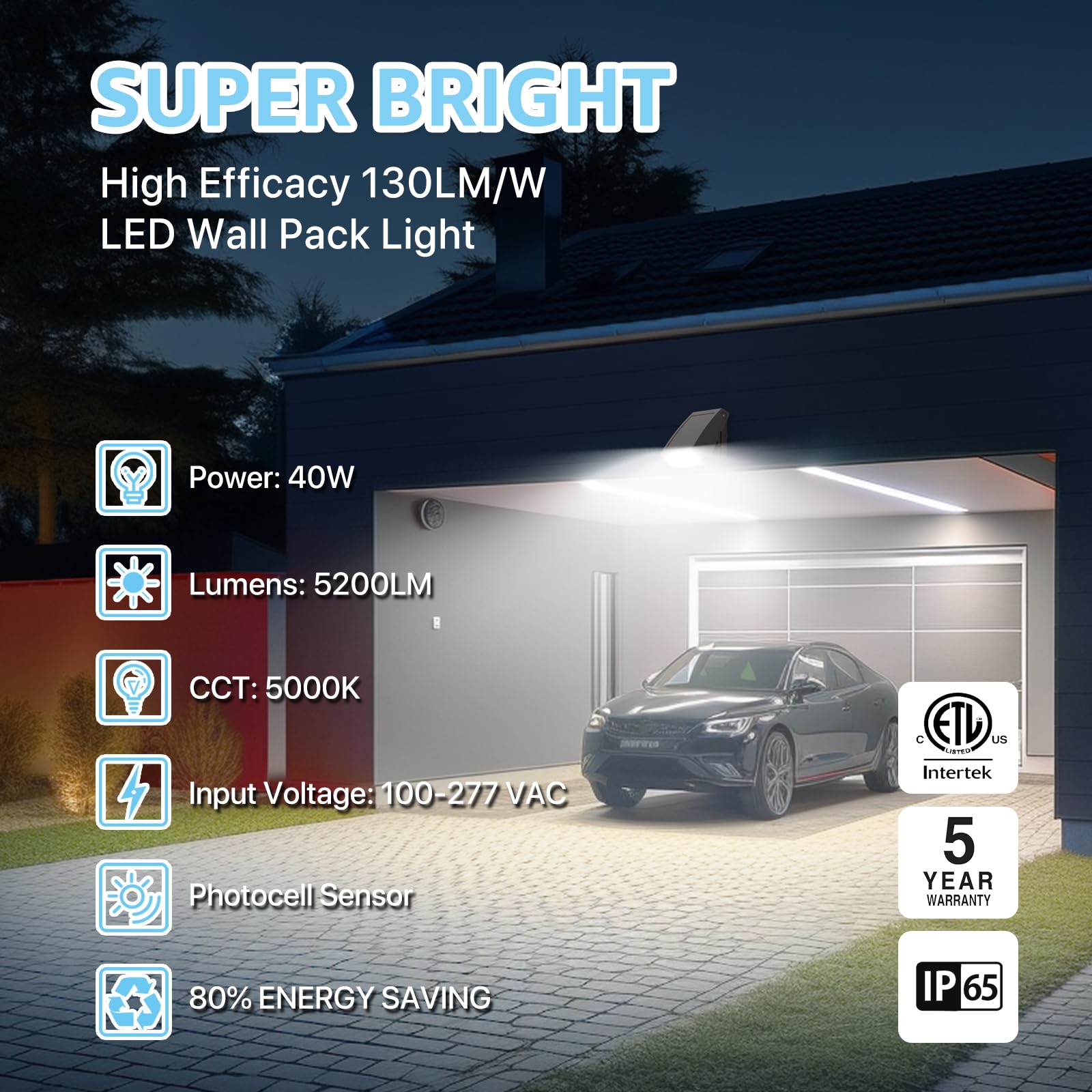 Hyperlite Led Wall Pack 40W: 5000K Etl Listed With Dusk-To-Dawn Photocell Commerical Security Lighting - 0-90 Adjustable Small Wall Pack Lights Outdoor Led For Garage House Driveway Building Yard