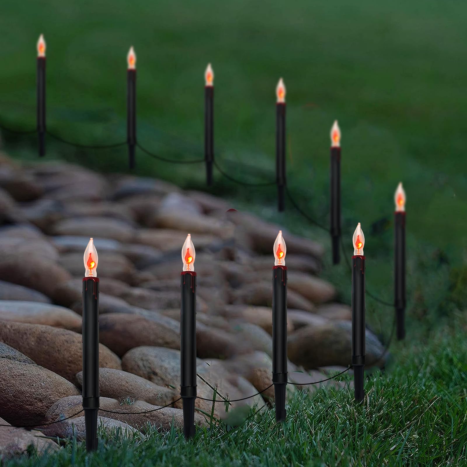Halloween Pathway Lights Outdoor, 19.5Ft Halloween Pathway Marker String Lights With 10 C18 Flicker Flame Black Candles Stakes L