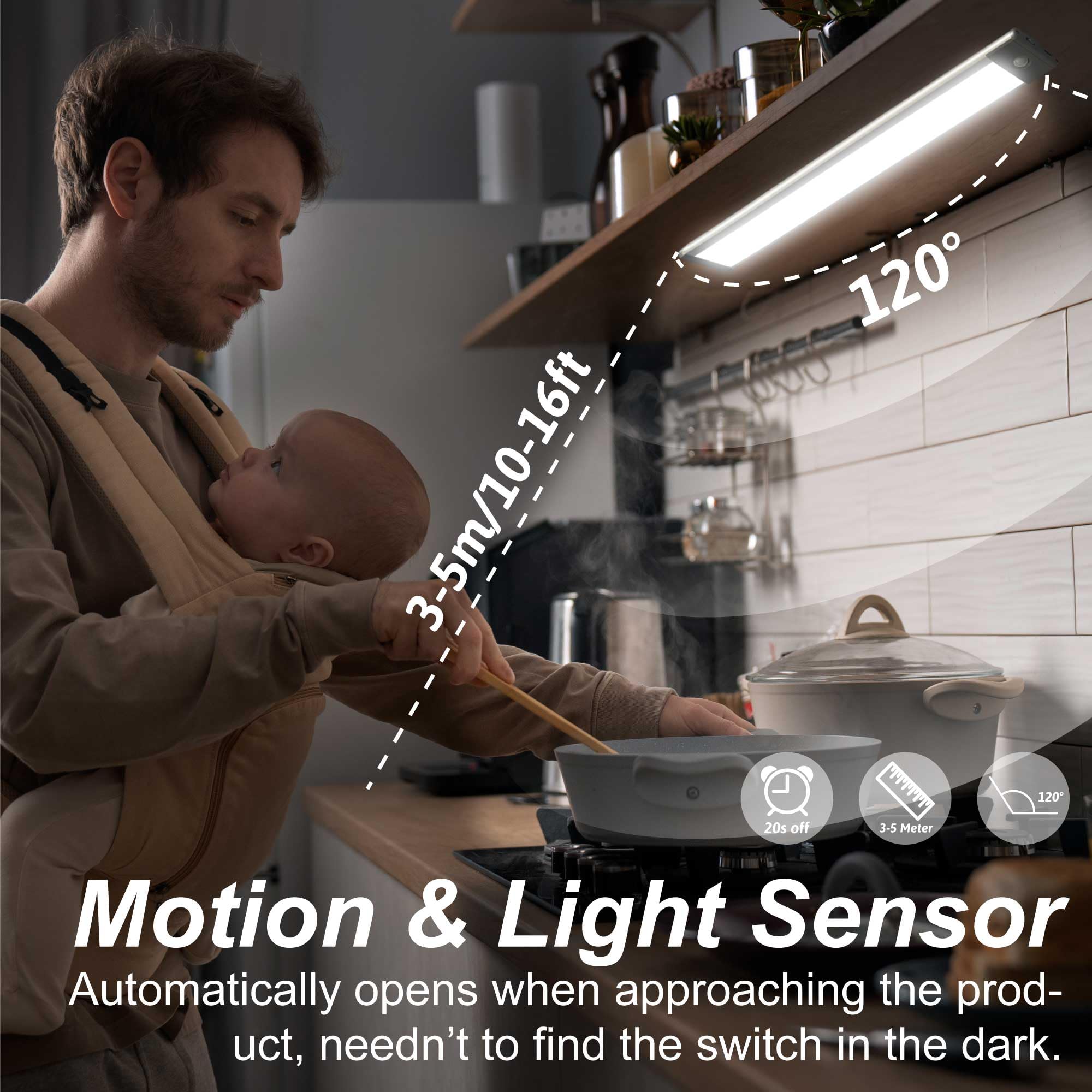 LEPOTEC Under Cabinet Light, 54 LED, Rechargeable, Wireless, Motion Sensor, Silver-White Light, Ultra Thin, 1 Pack
