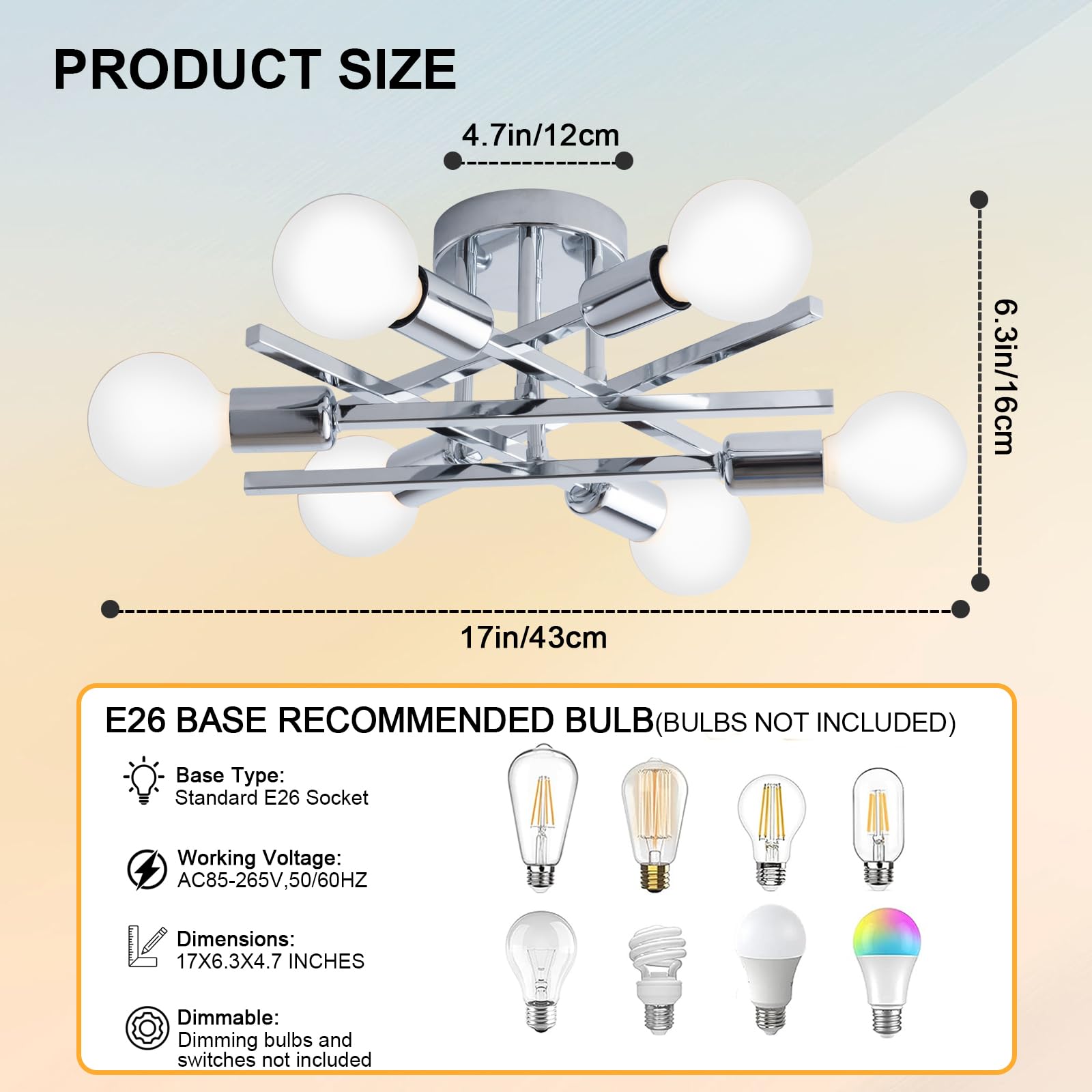 Xingsiyuelyx 6-Light Chrome Sputnik Ceiling Light Fixture,Semi Flush Mount Ceiling Light,Modern Close To Ceiling Light,Chandelier Light Fixture Ceiling For Living Room Dining Room Foyer,E26 Socket