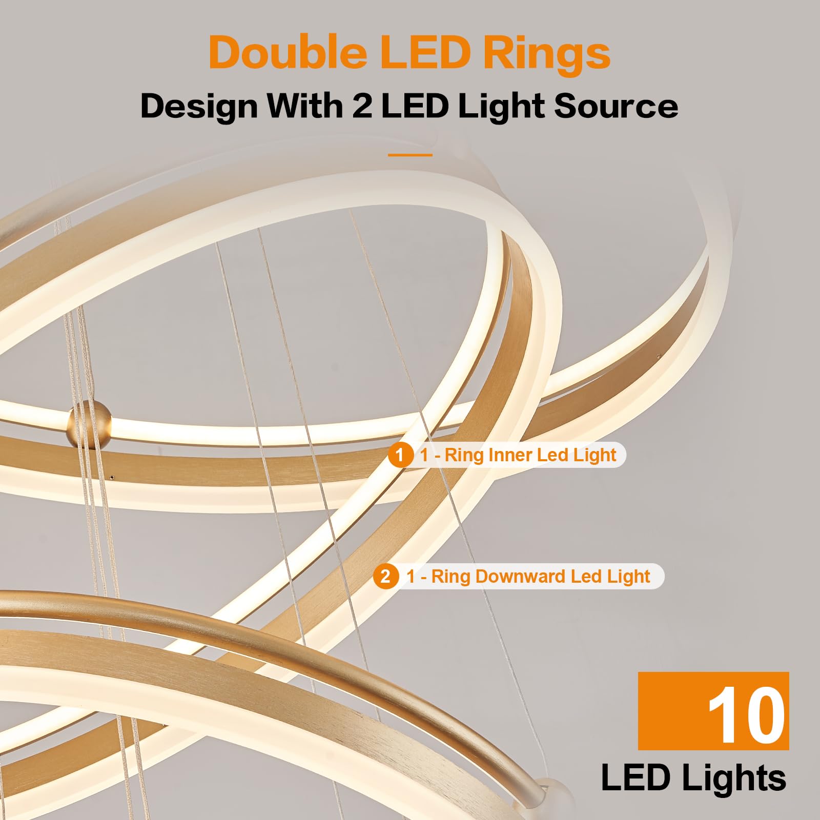 Benkut 10-Rings Modern Led Chandelier Gold Large Dimmable Remote Chandeliers Lighting For Foyer, High Ceiling Chandeliers For Dining Room Living Room Staircase Entryway(10-Ring Lighting, D31.5)