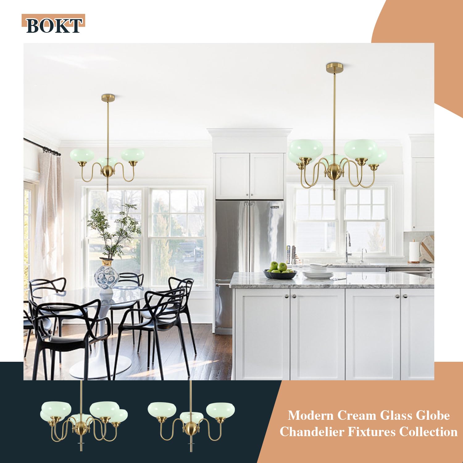 Bokt Green 3-Light Sputnik Chandelier Mid Century Modern Pendant Light Fixture With Glass Globe Lampshade Brass High Ceiling Cha