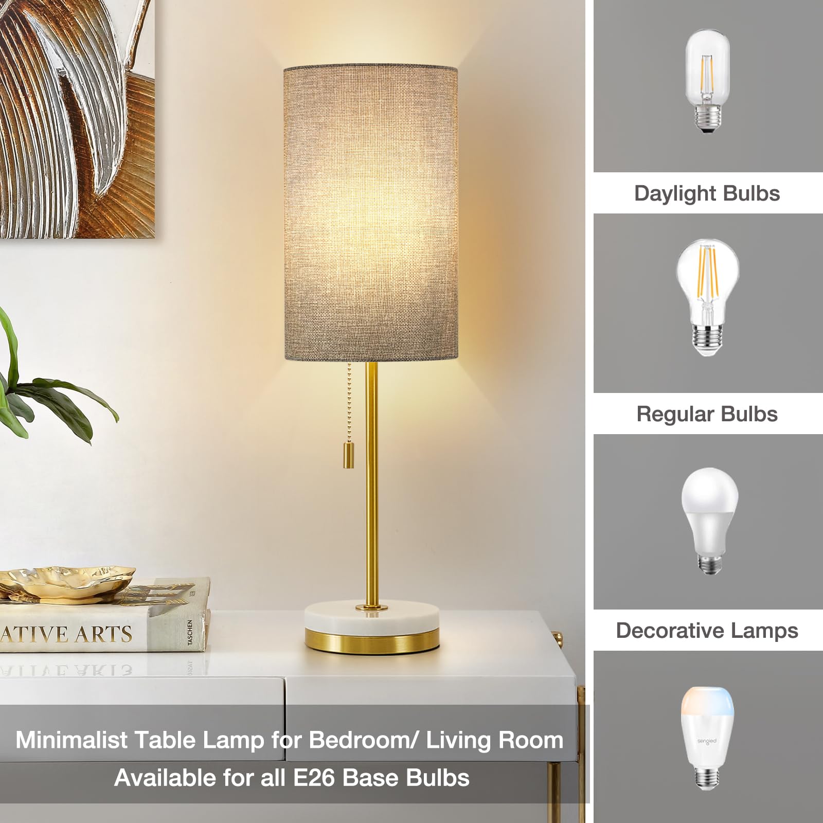 Luvkczc Minimalist Table Lamp Set of 2, Modern Pull Chain Bedside Lamp, Marble Base, Fabric Shade, Grey, Model 2TL-066C