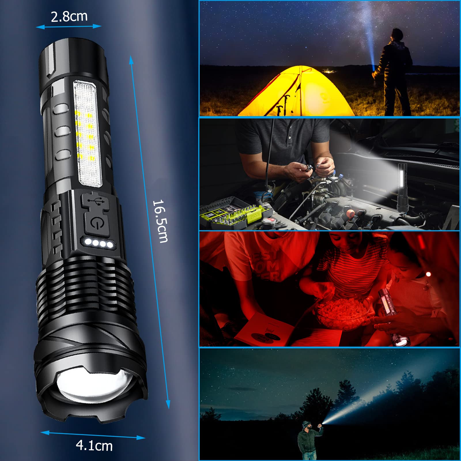 HOSONIC A76 Rechargeable Flashlight - 20000 Lumens, 7 Modes, COB Side Light, Aluminum, Gray, Handheld for Camping & Emergencies
