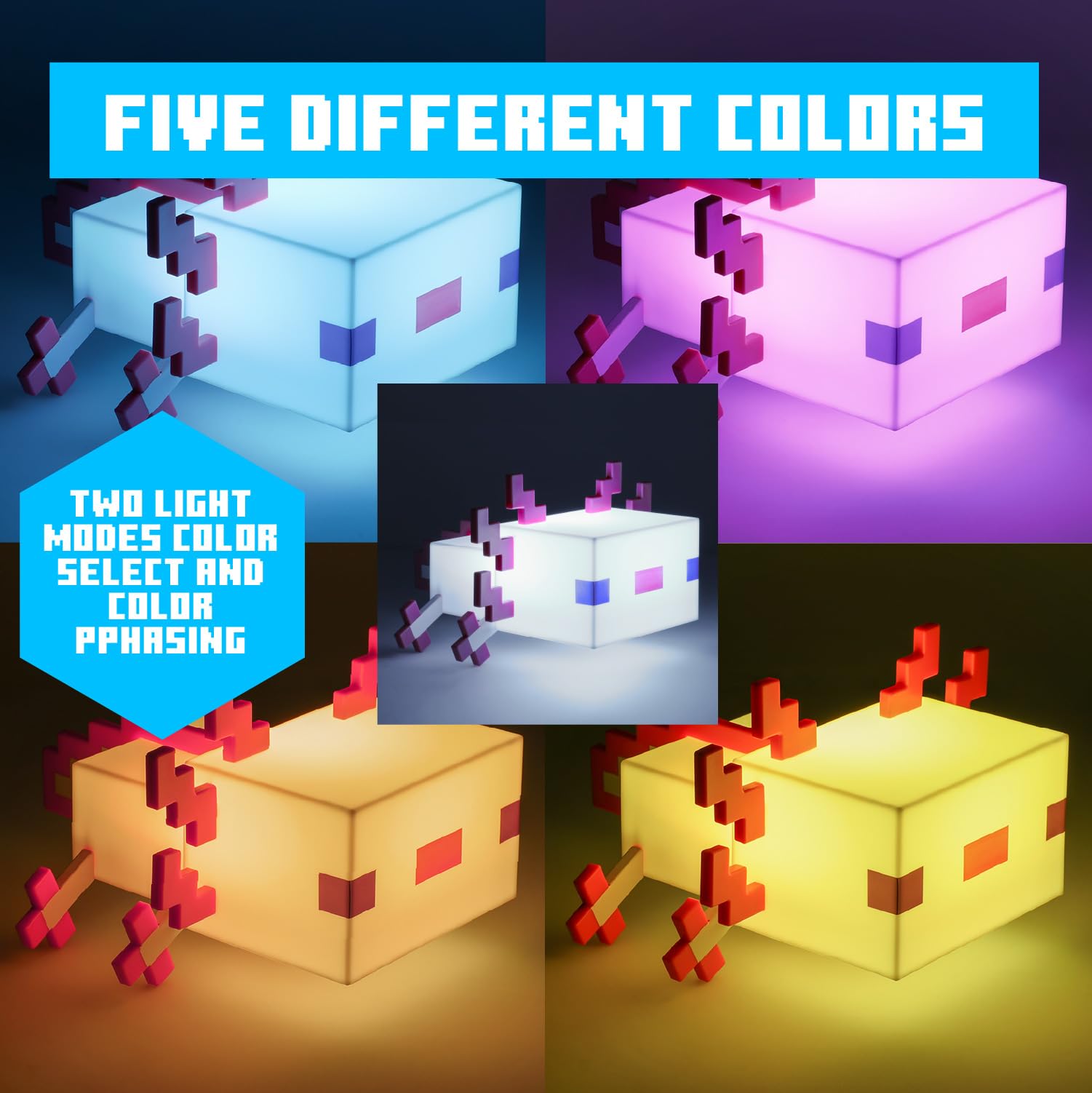 Paladone Minecraft Axolotl Light, Pink, Plastic, 5 Color Modes, Model 11743