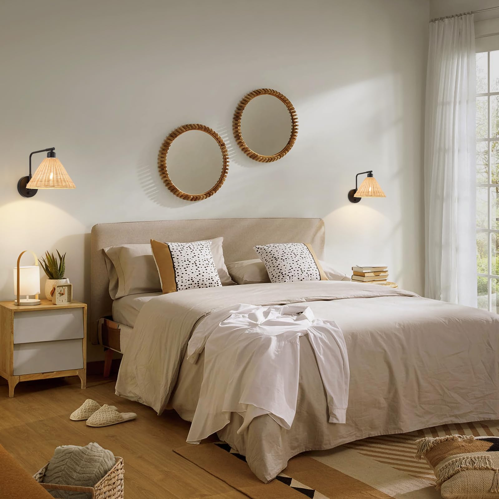 Weaboopre Rattan Plug In Wall Sconce Set Of 2  Black Wall Lamps With Plug In Cord And Dimmer  Hand Woven Wicker Sconces Swing Arm Wall Mount Light Fixture Beside Lighting For Bedroom  Living Room