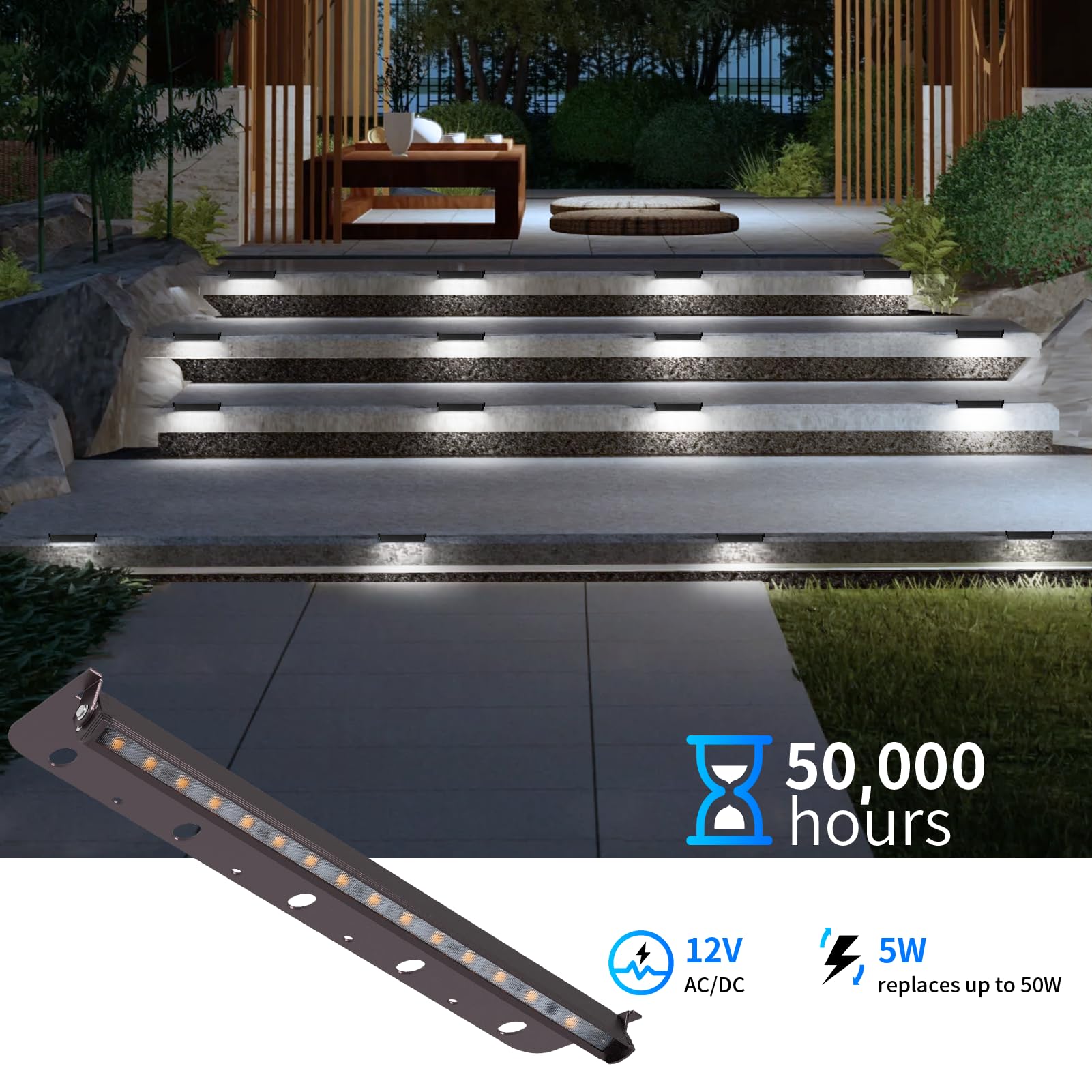 Kwinmyso LED Hardscape Paver Lighting, 12V Low Voltage, 8-Pack, 12inch, 5000K Daylight White, Aluminum, Model HL-5000K