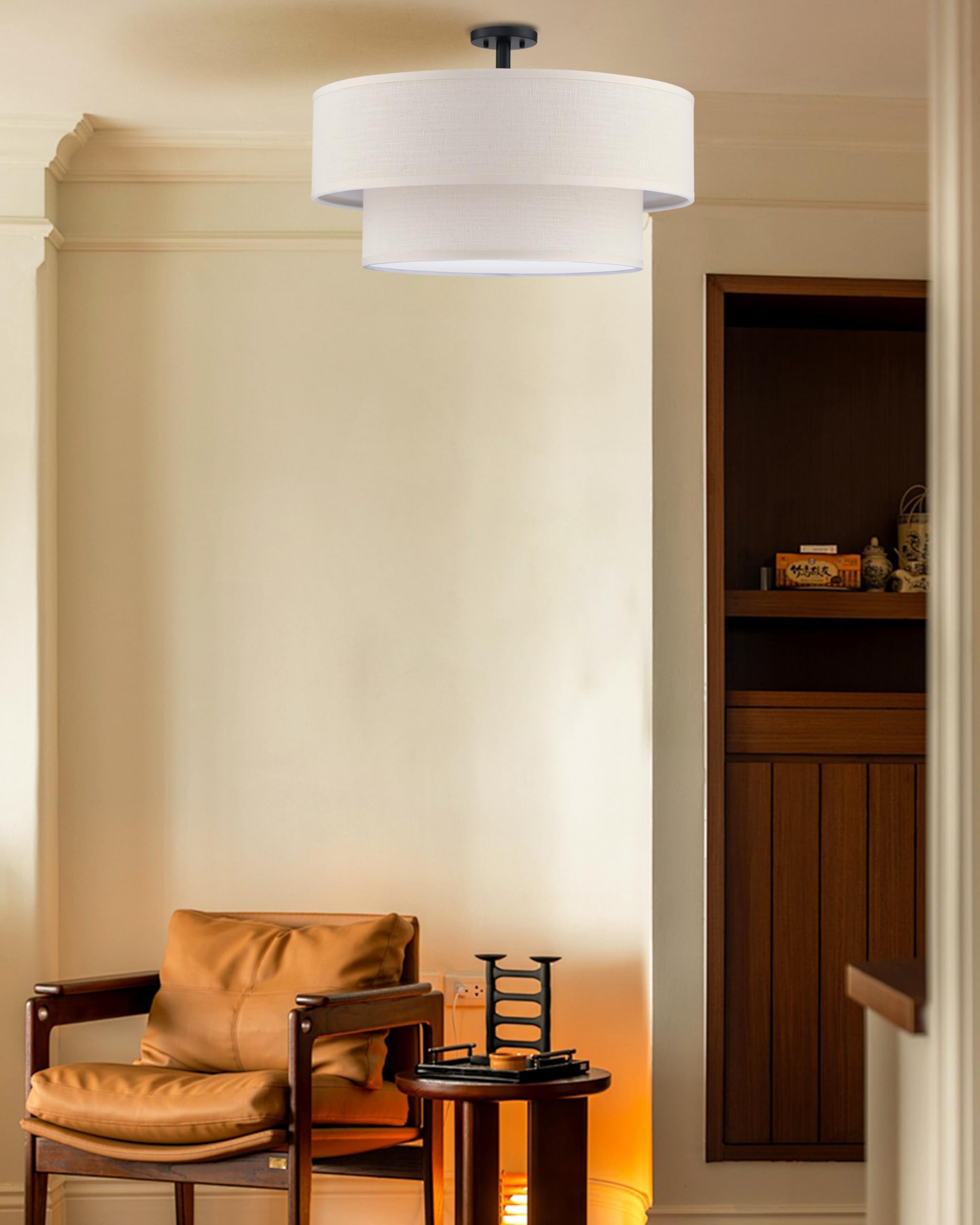 Dolaimi House 5 Light Semi Flush Mount,Close To Ceiling Light Fixture,Linen Fabric Shade Black Finish 22 Inch Semi Flush Drum Li